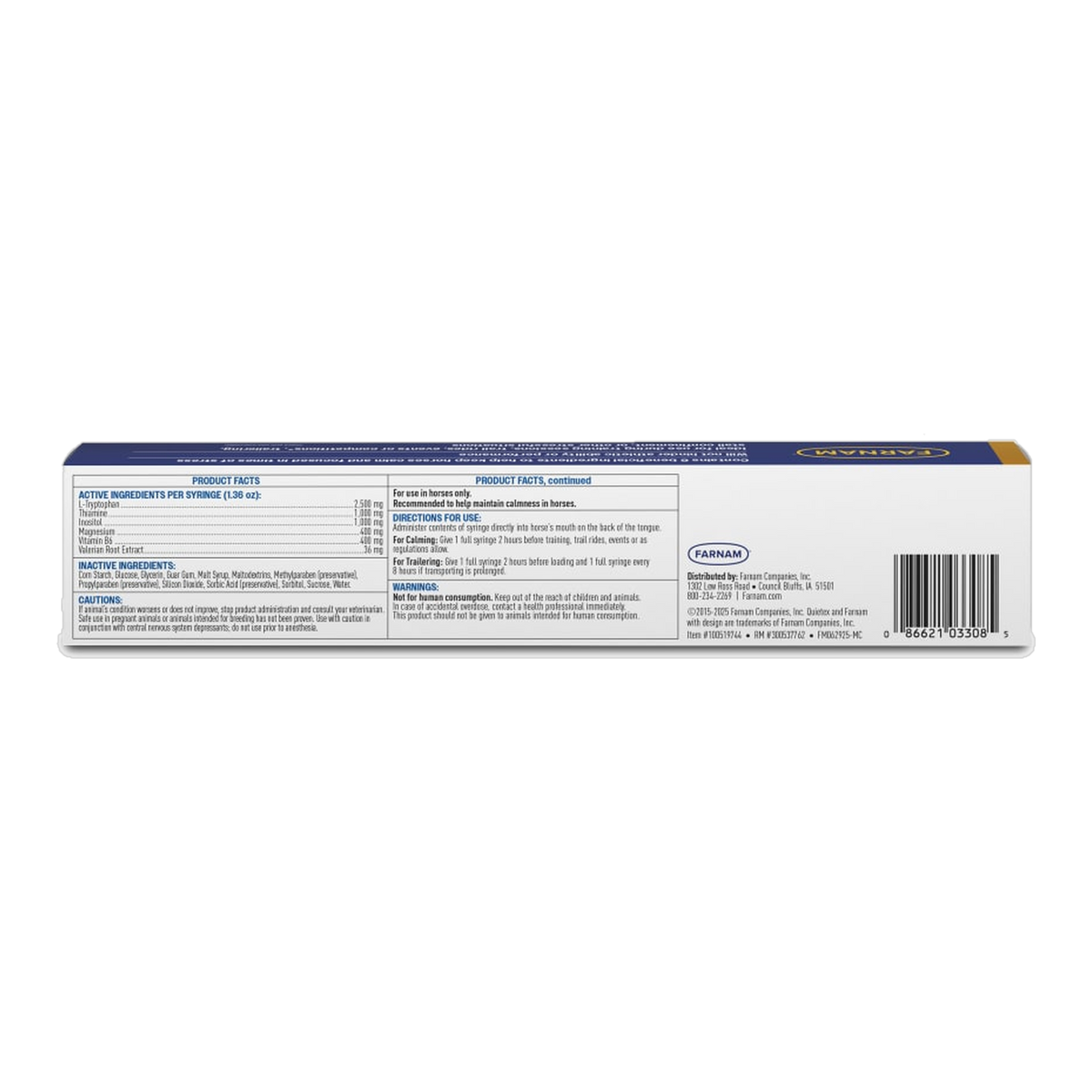 Farnam Quietex II Focusing & Calming Paste back of package label
