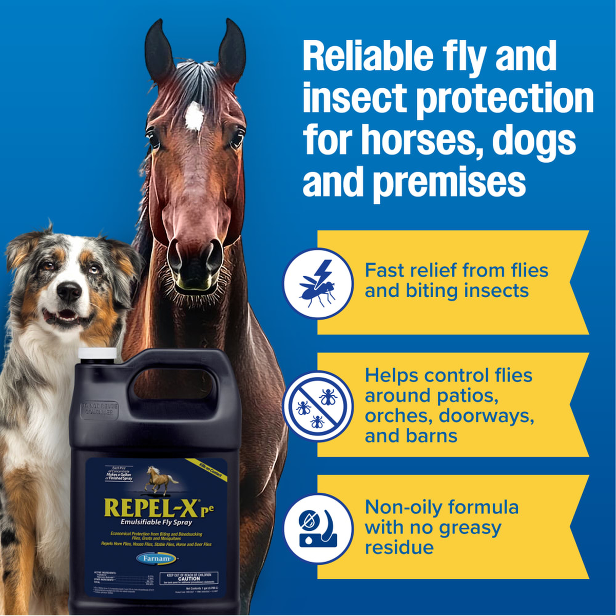 Repel-X pe jug with a horse and dog highlighting multi-animal insect protection