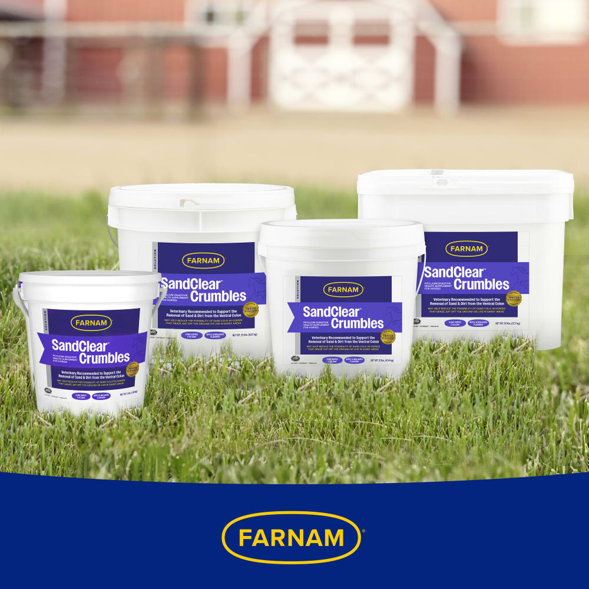 Four sandclear crumbles buckets of different sizes on grass with farnam logo