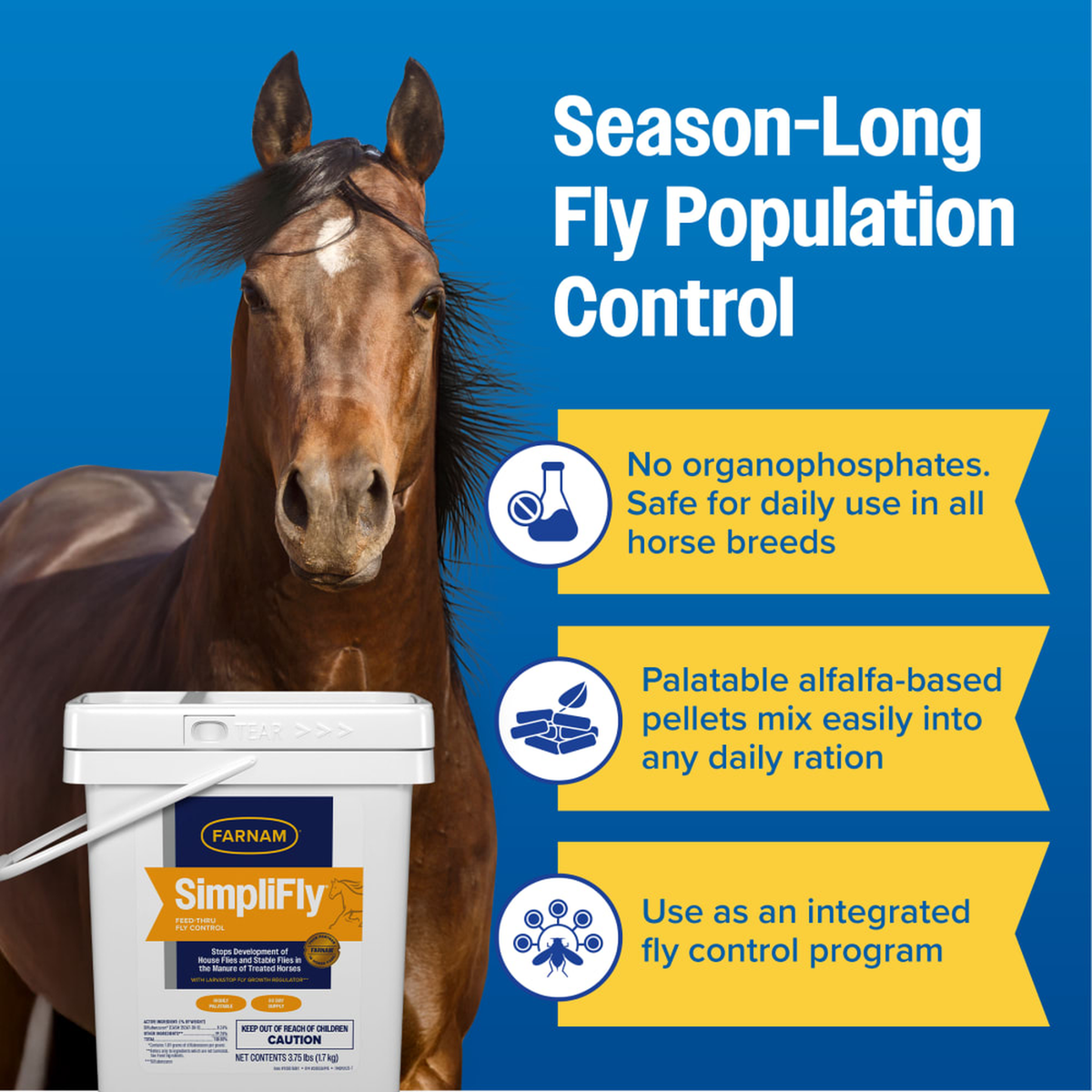 SimpliFly bucket next to a horse highlighting season-long fly control benefits