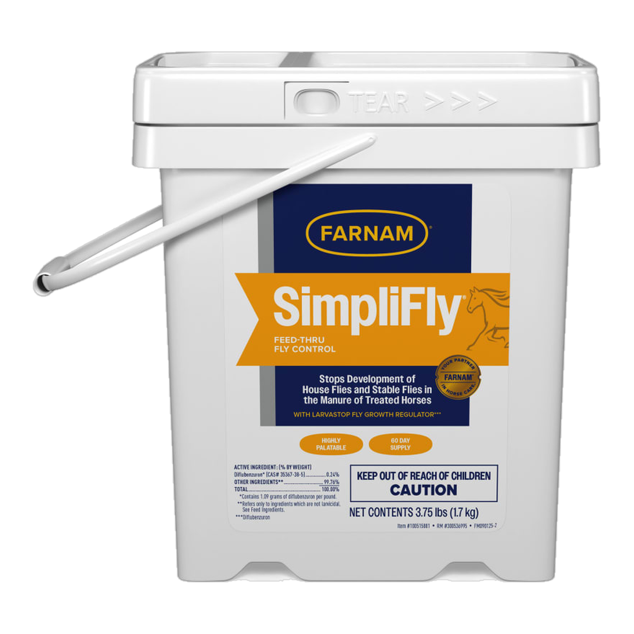 Farnam SimpliFly Feed-Thru Fly Control package showing size