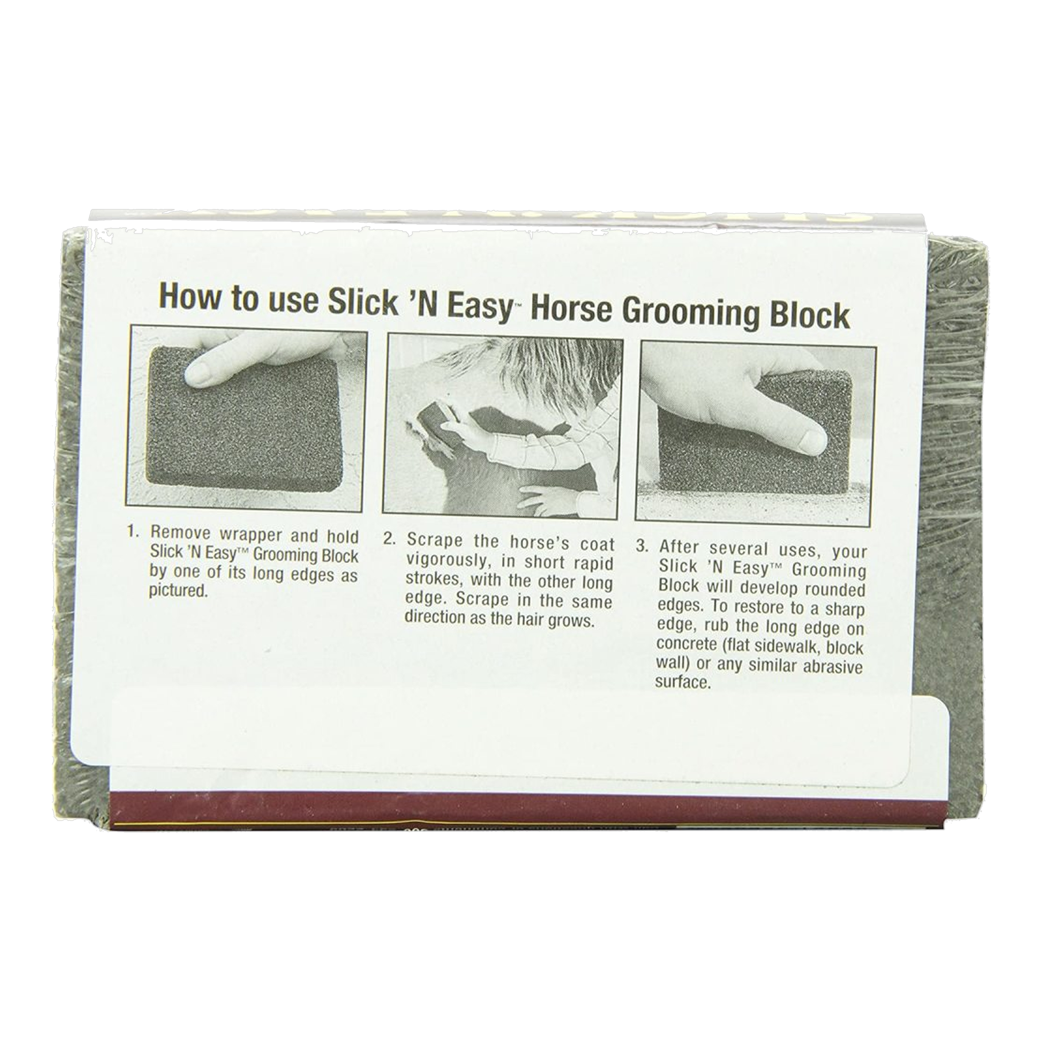 Slick 'N Easy grooming block wrapper showing the three-step how-to-use instructions