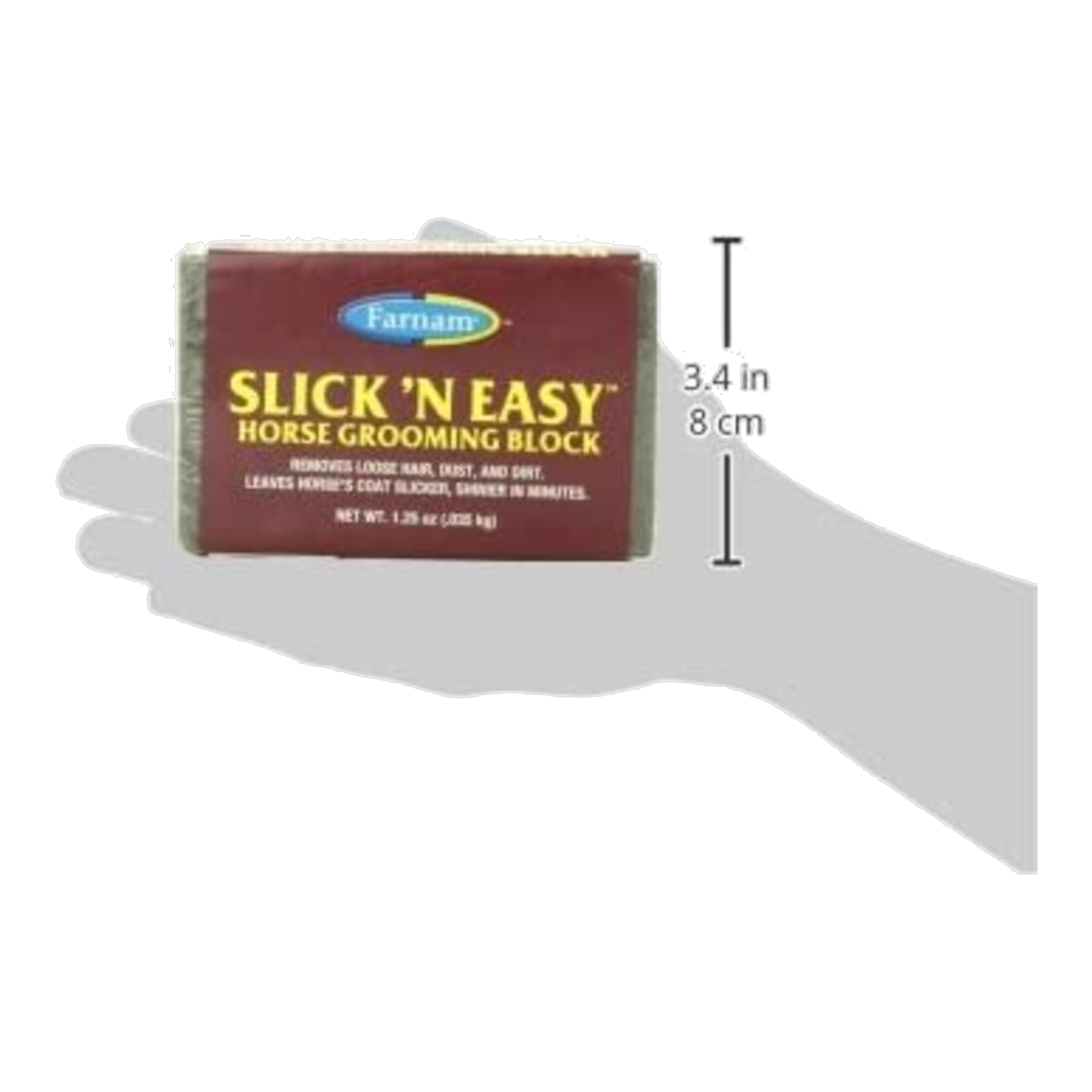 Slick 'N Easy grooming block held in a hand with its 3.4 inch dimensions marked