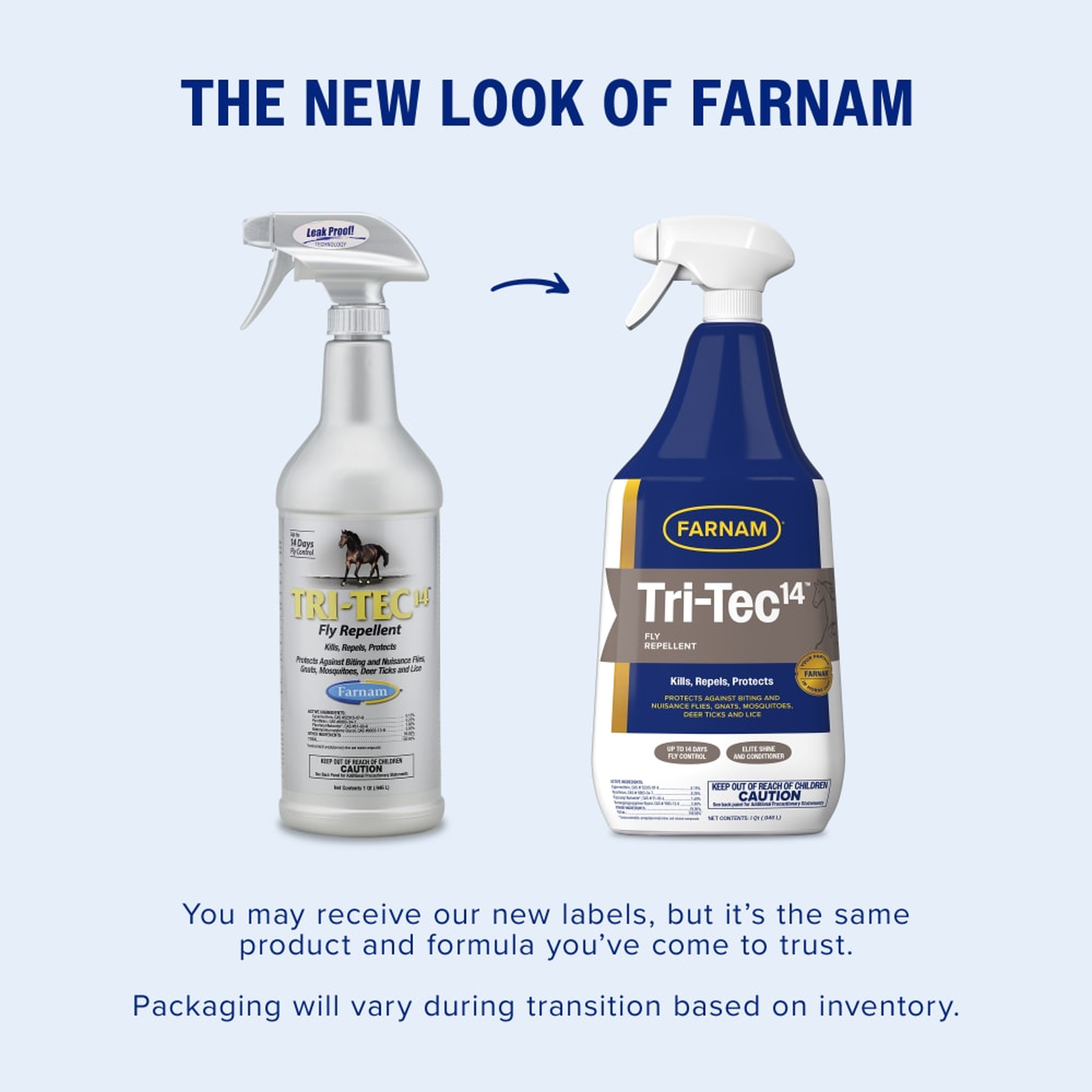 Tri-Tec 14 old and new Farnam packaging side by side - same product and formula