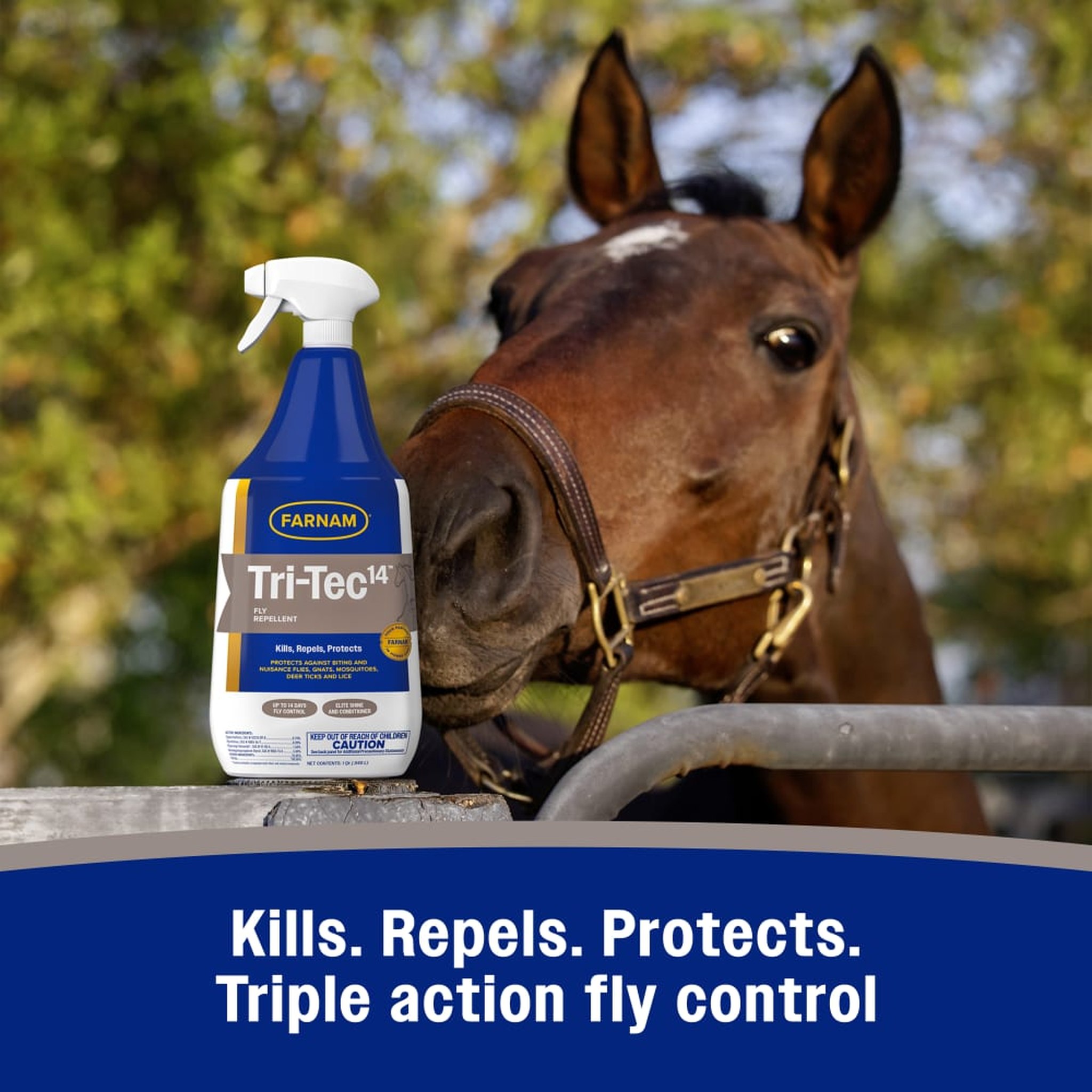 Tri-Tec 14 bottle beside a bay horse at a fence rail - kills, repels and protects with triple action