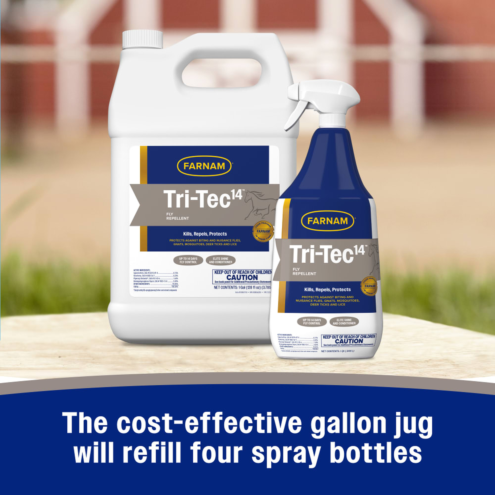 Tri-Tec 14 gallon jug beside the 32 oz spray bottle - one jug refills four spray bottles