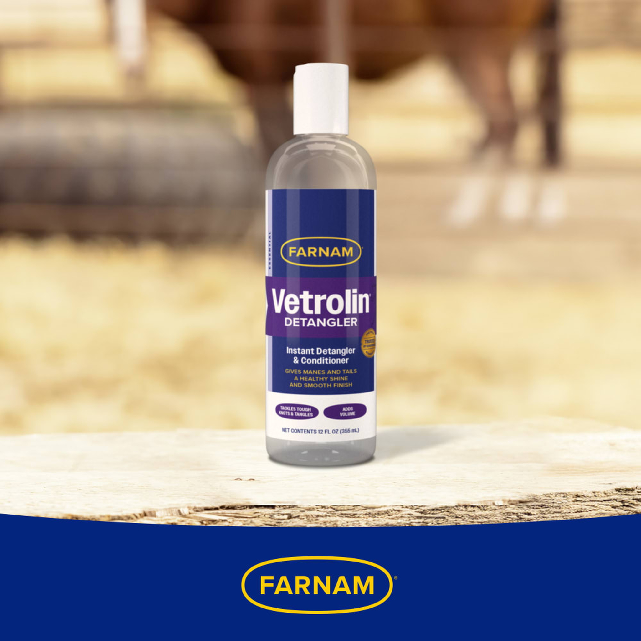 Farnam Vetrolin Detangler Concentrate - Bottle placed on ledge in outdoor stable setting