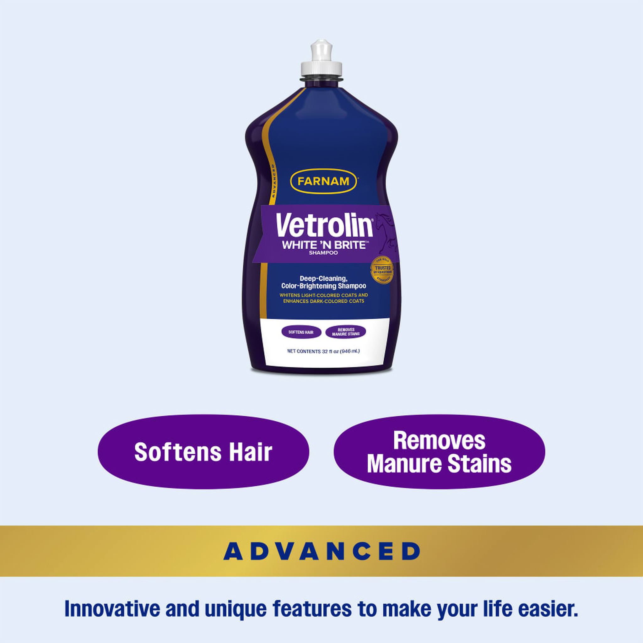 Farnam vetrolin white 'n brite shampoo, for horses and dogs, softens hair and removes manure stains