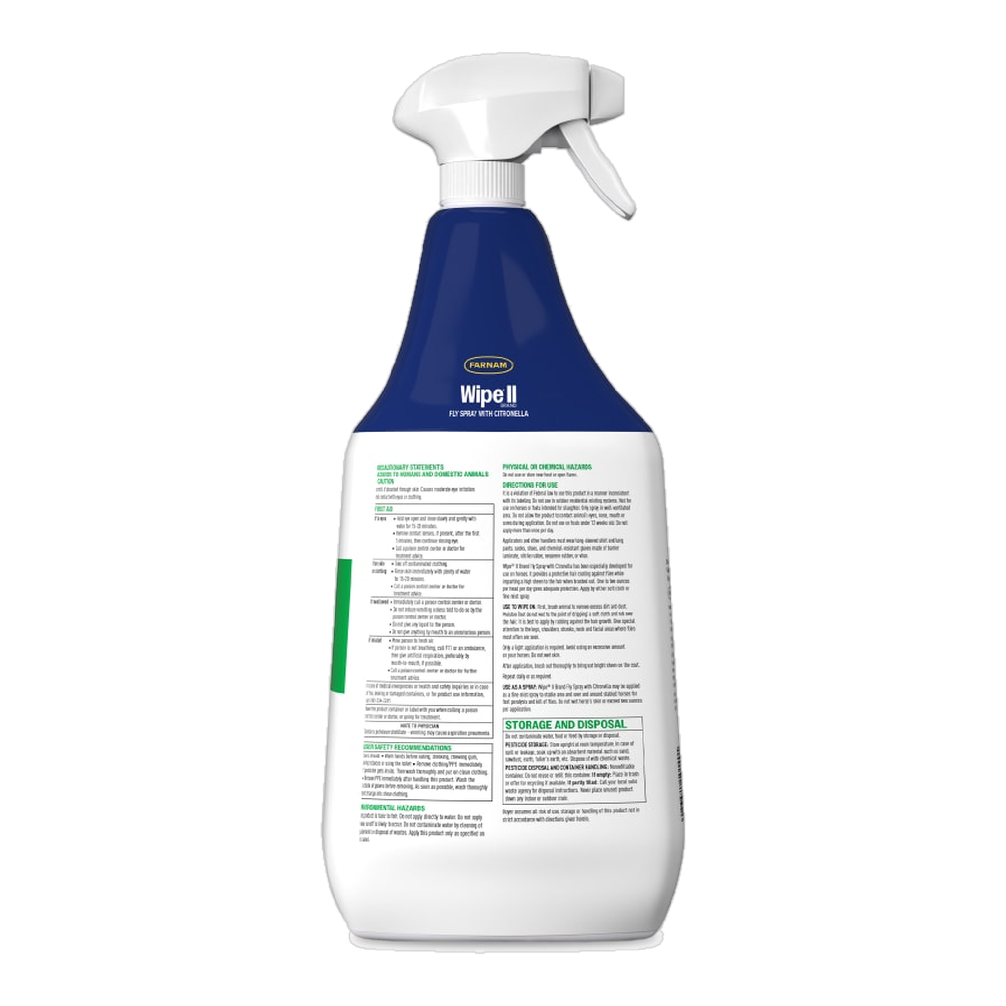 Farnam Wipe II Brand Fly Spray with Citronella back of package label