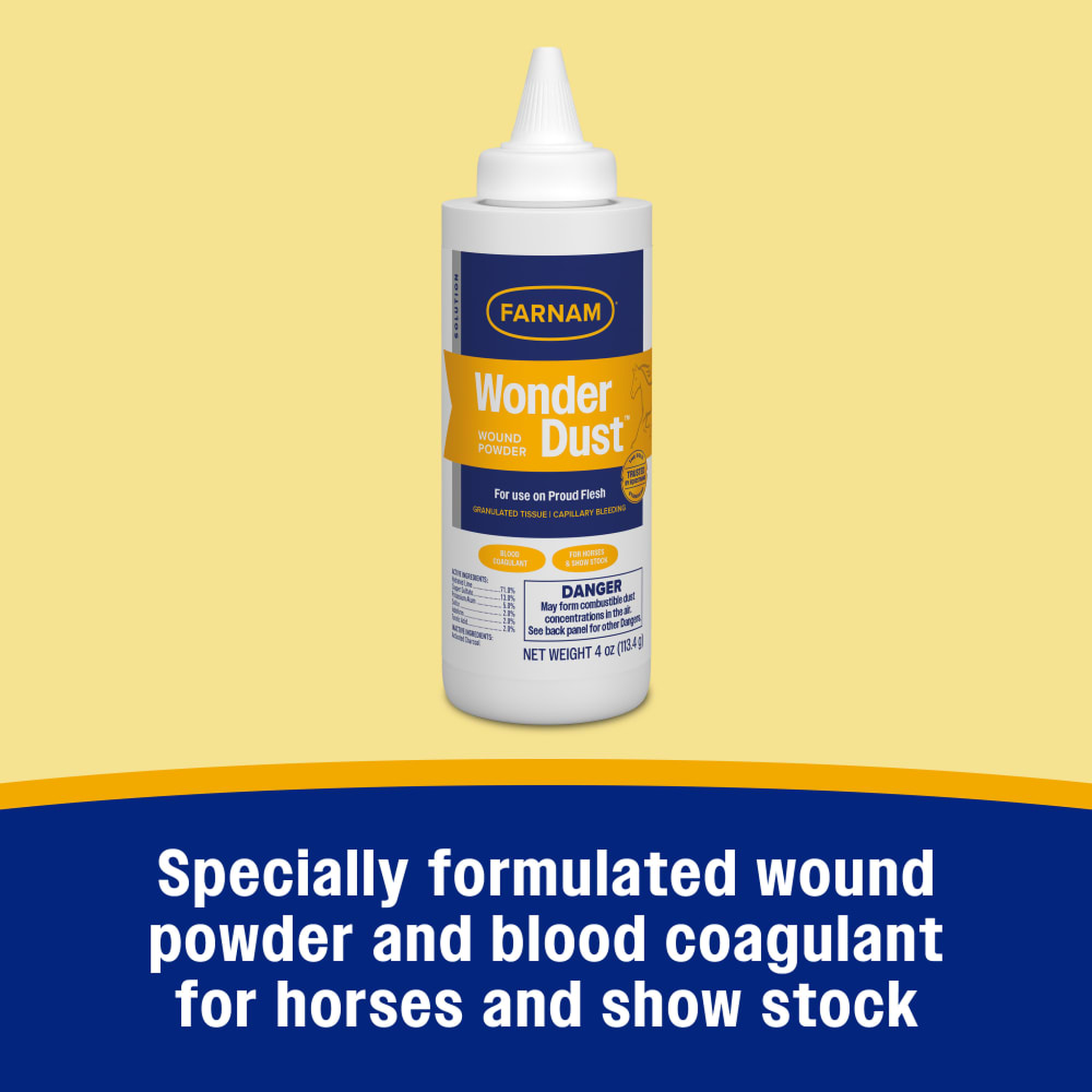 Specially formulated wound powder and blood coagulant for horses and show stock