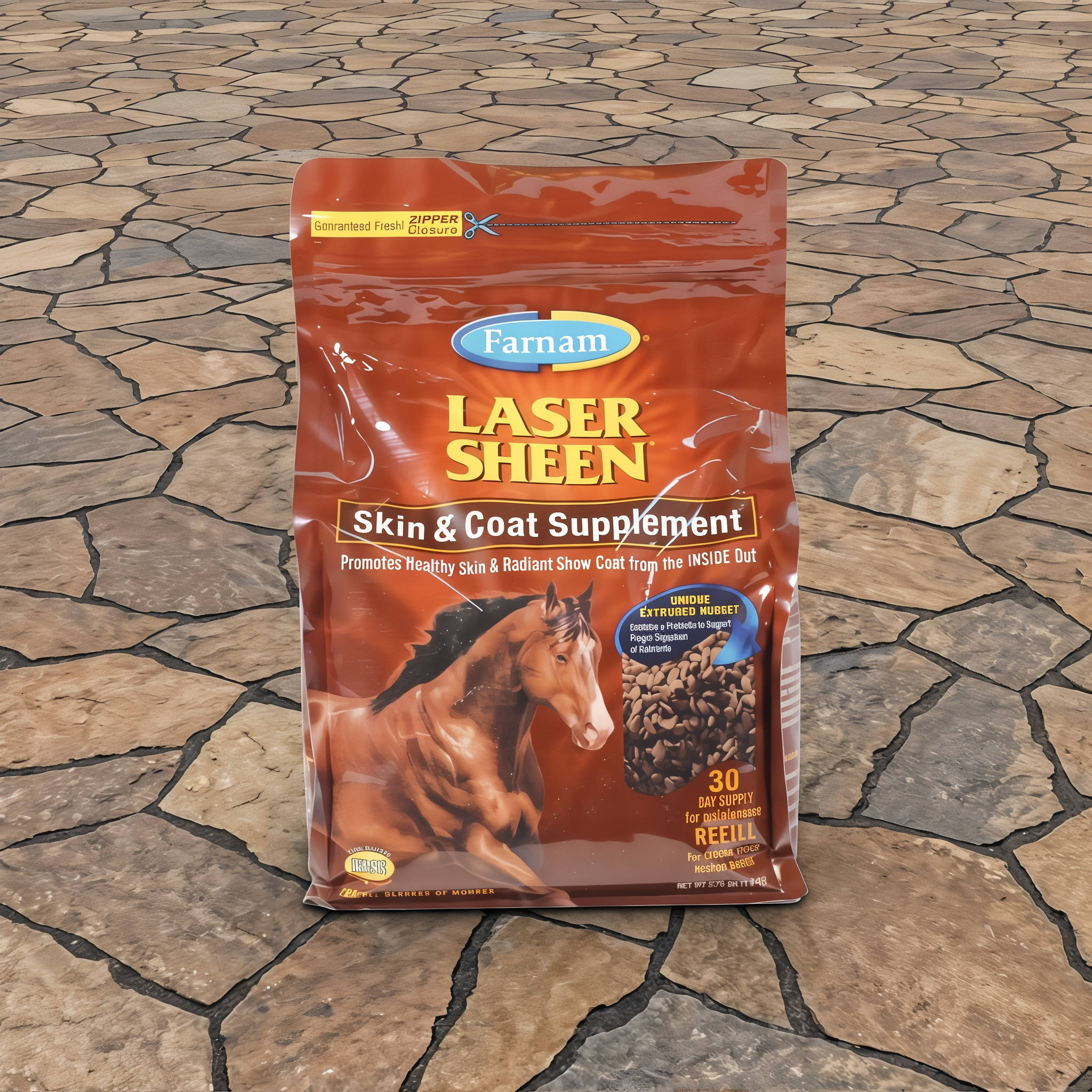 Farnam Laser Sheen skin and coat supplement for horses, 3.75 lb size for 30 days.