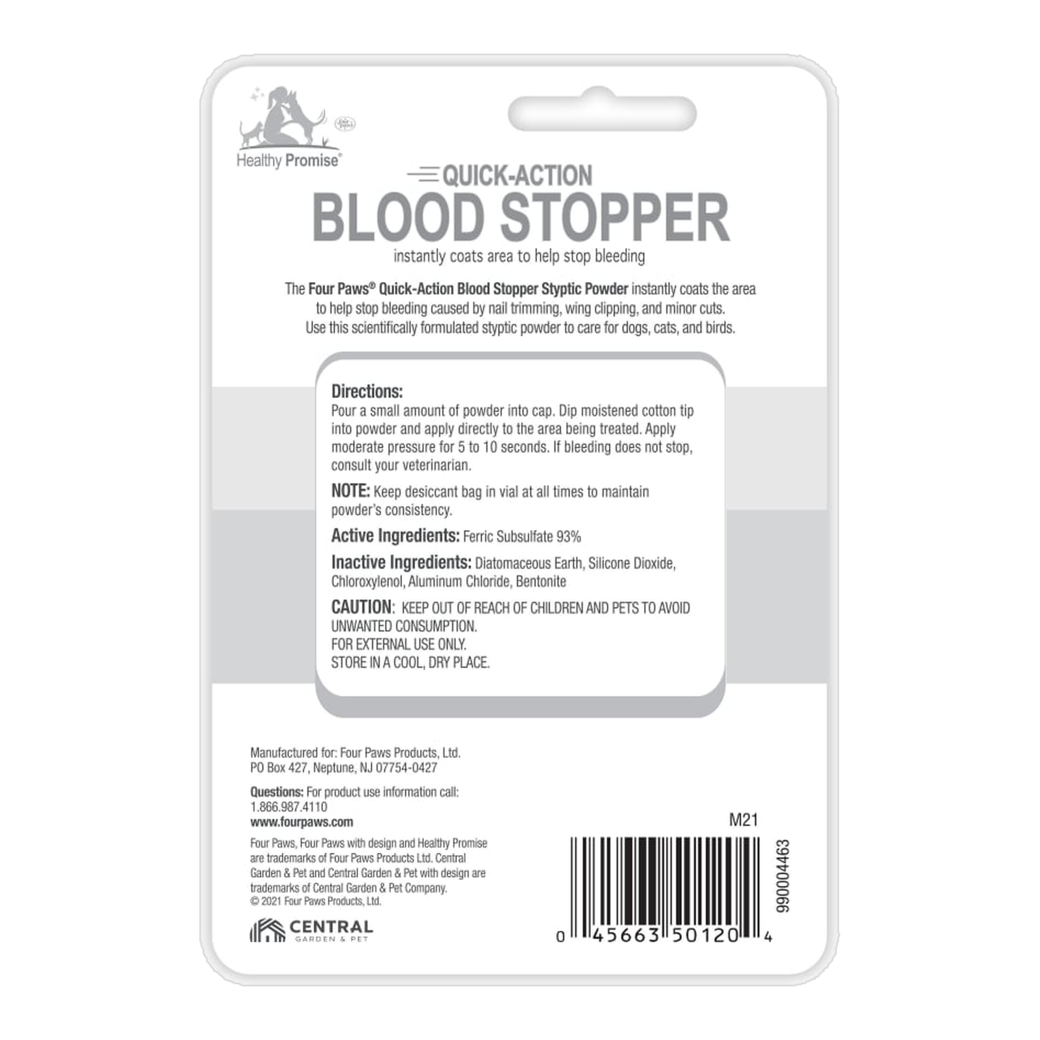 Four Paws Healthy Promise Quick-Action Blood Stopper Styptic Powder package back with directions