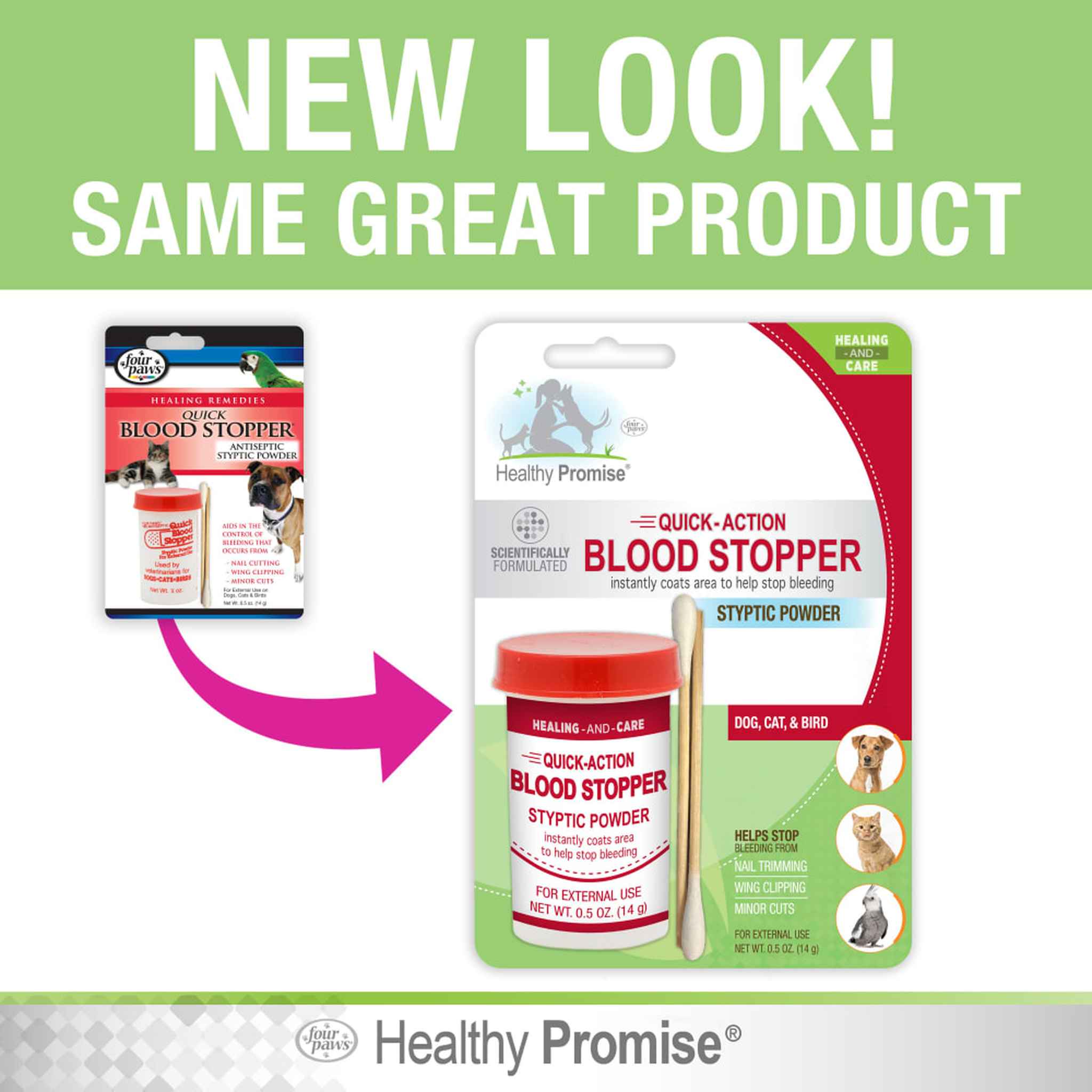 Four Paws Healthy Promise Quick-Action Blood Stopper Styptic Powder new packaging, same product