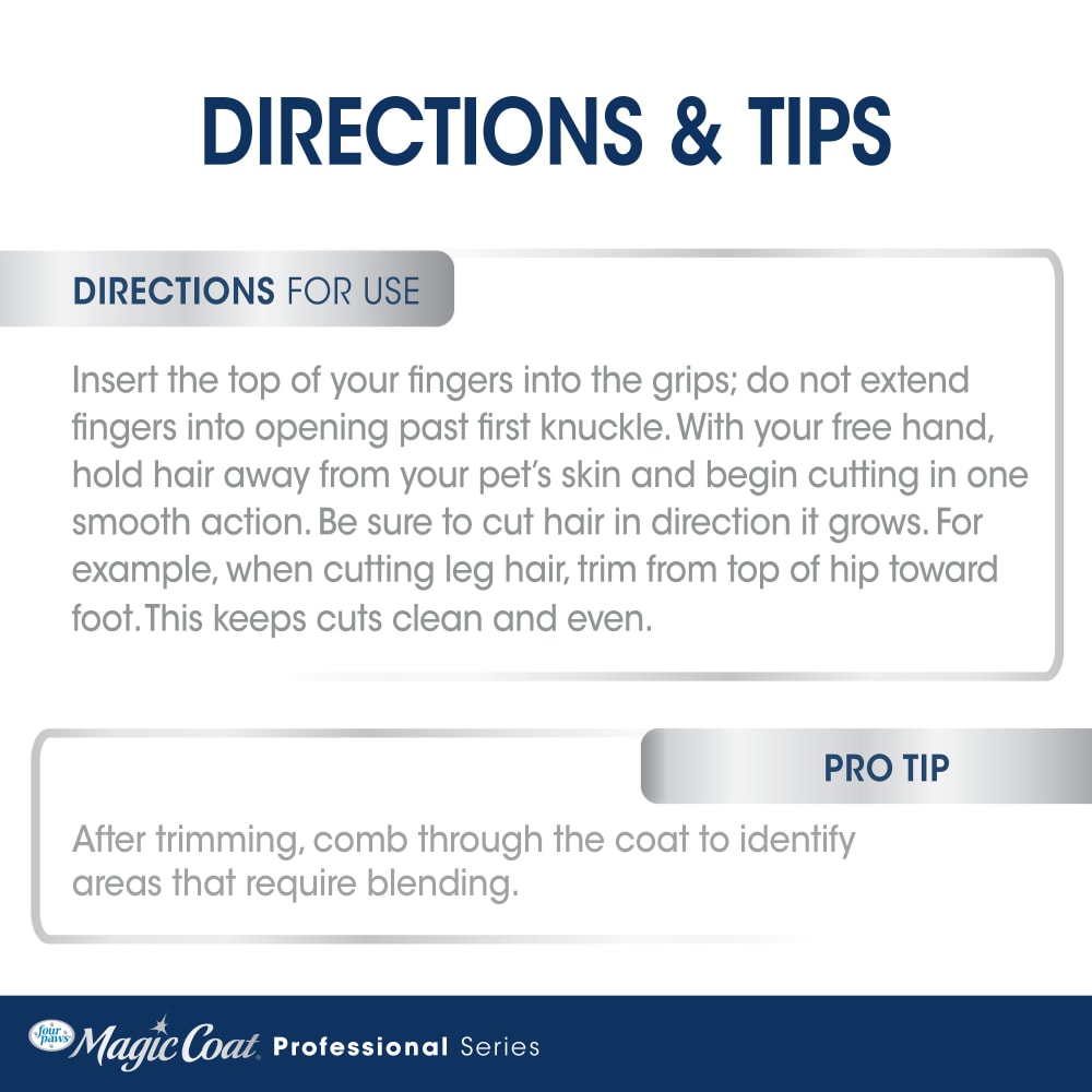 Directions and tips panel explaining proper grip and cutting technique for the finishing shears