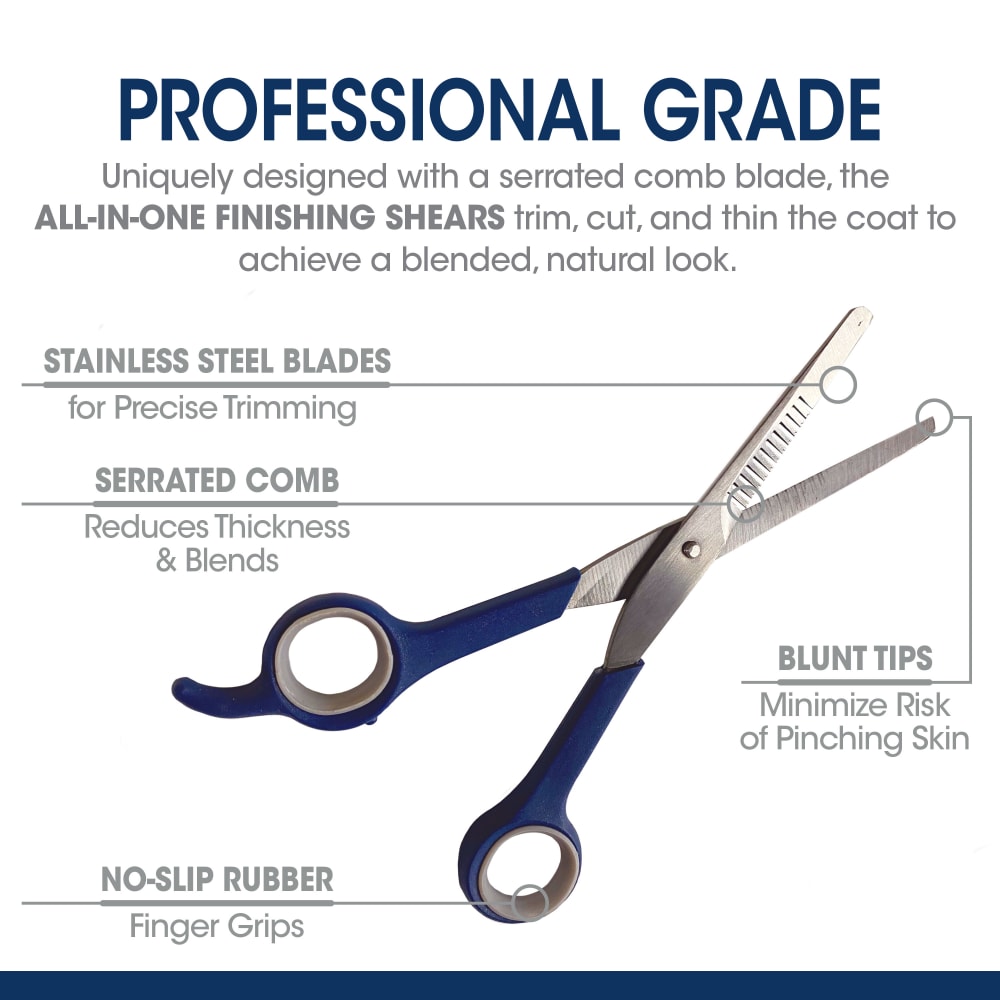 Diagram of the professional grade finishing shears highlighting stainless steel blades, serrated comb, blunt tips, and no-slip rubber finger grips