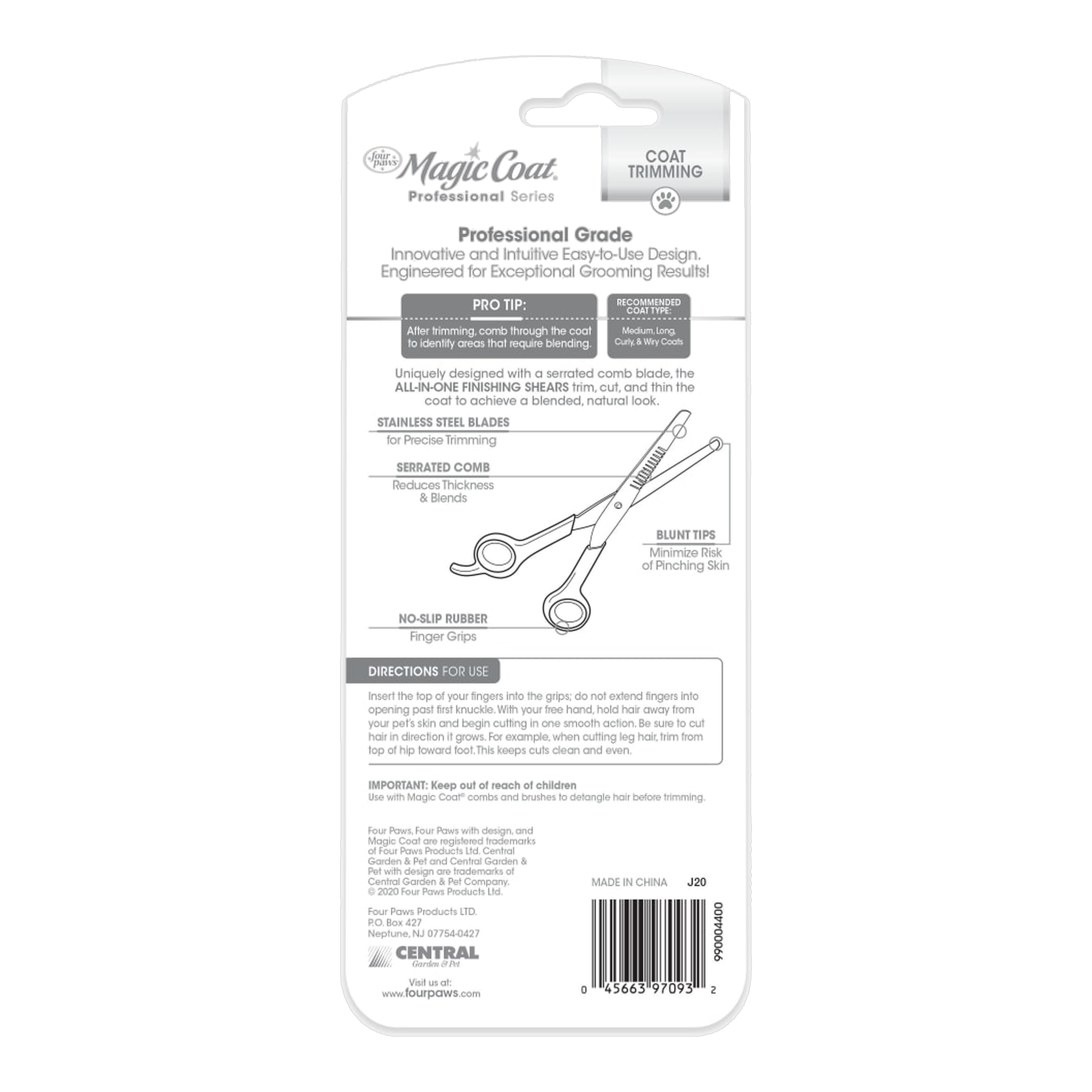 Back of the Magic Coat finishing shears packaging with directions for use and pro tips