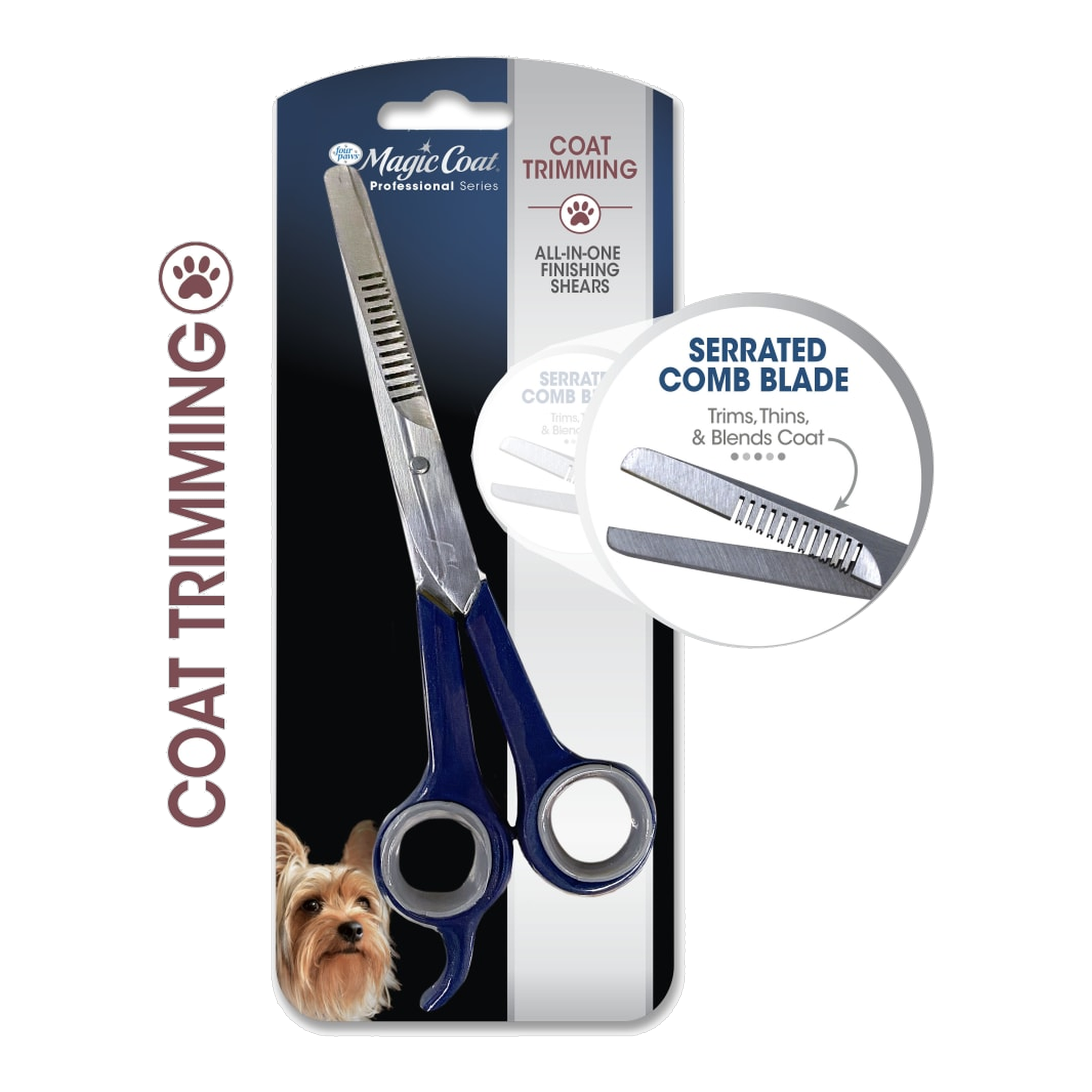 Finishing shears packaging with serrated comb blade callout showing how it trims thins and blends the coat