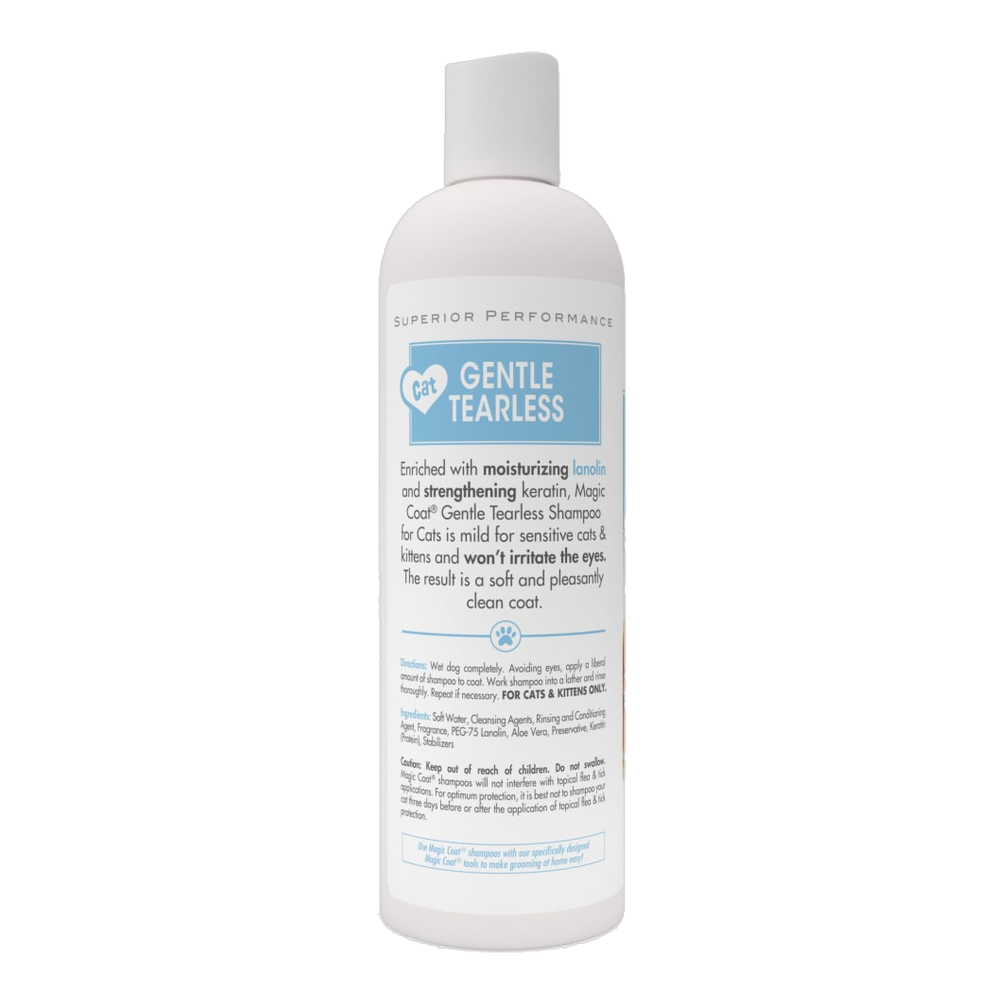 Four Paws Magic Coat Gentle Tearless Cat Shampoo directions and ingredients on back label
