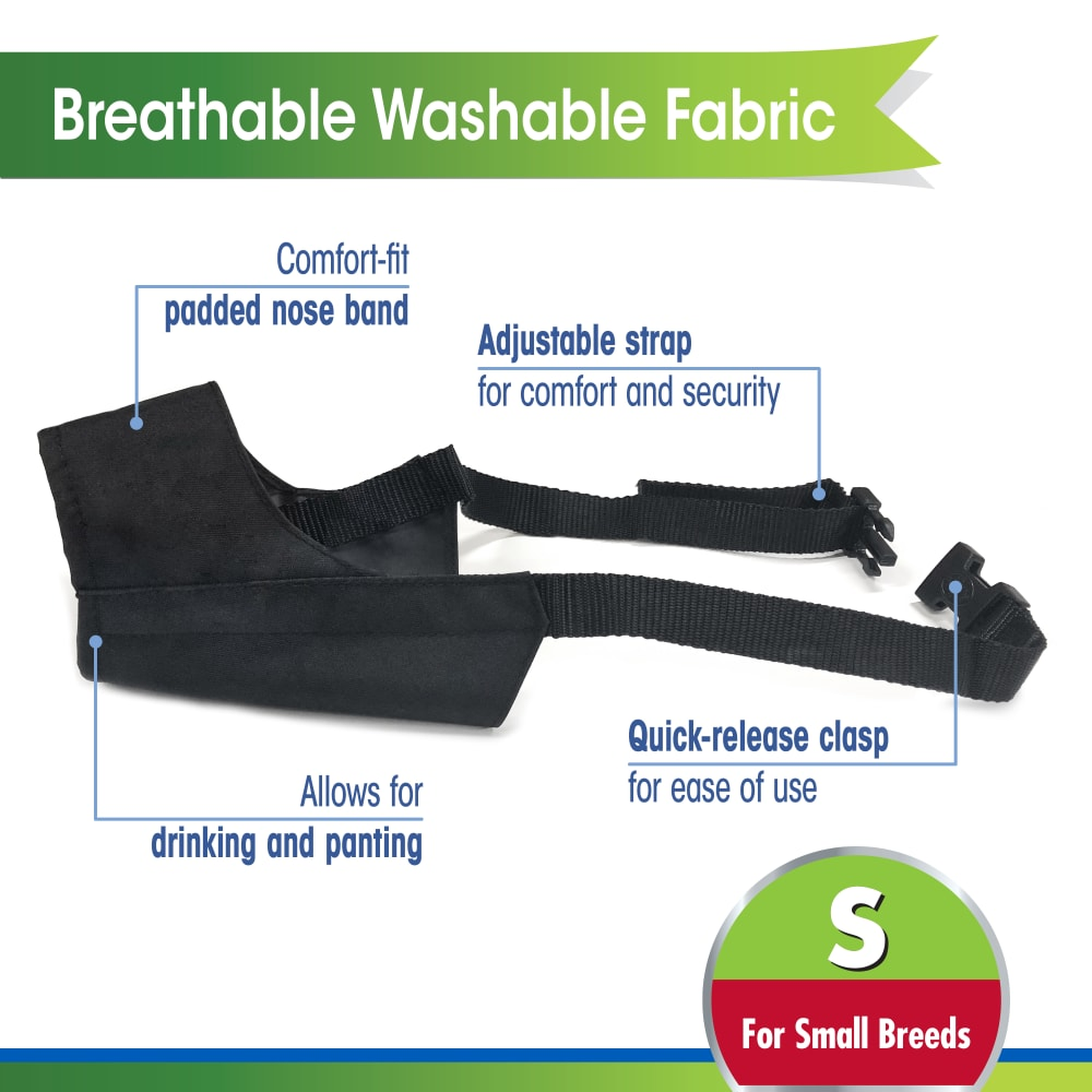 Four Paws Walk-About Quick-Fit Dog Muzzle muzzle construction, padded nose band and quick-release clasp