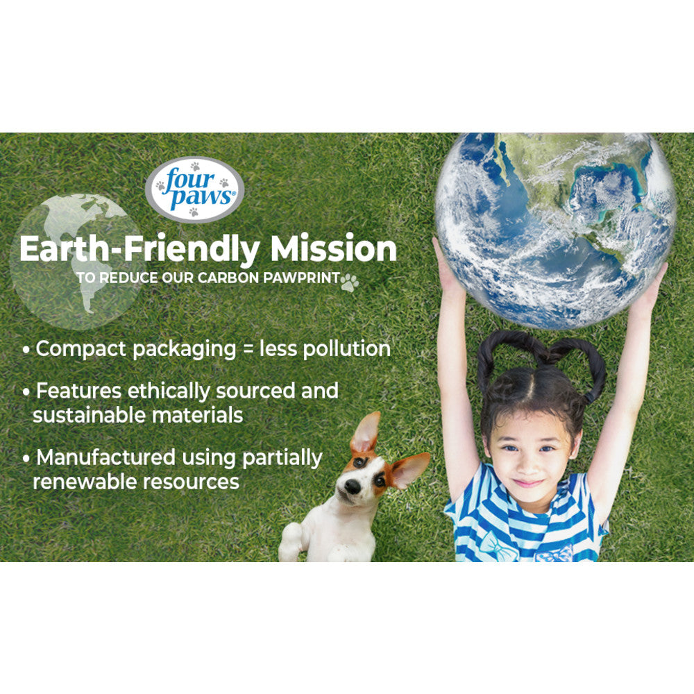 Four Paws Earth-Friendly Mission panel highlighting compact packaging and sustainable materials