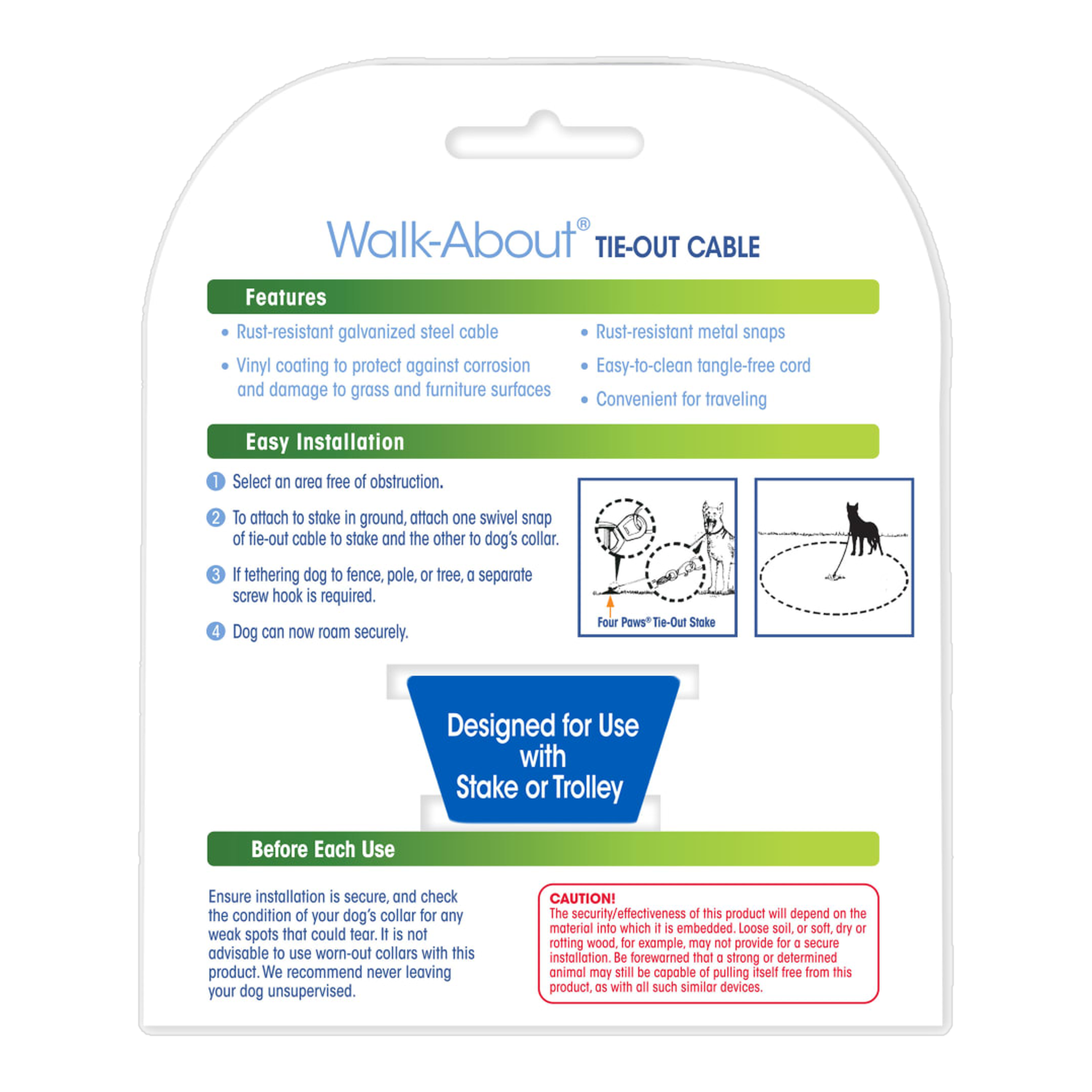 Four Paws Walk-About Medium Weight Dog Tie-Out Cable package back with features and installation steps