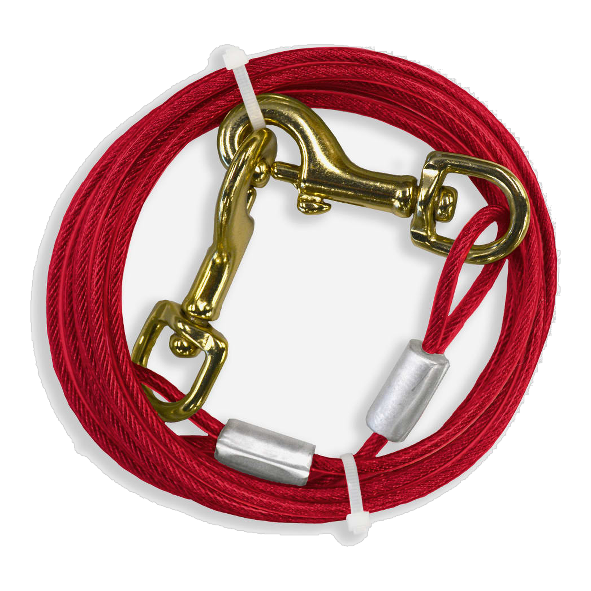 Four Paws Walk-About Medium Weight Dog Tie-Out Cable coiled cable with swivel snaps out of the package