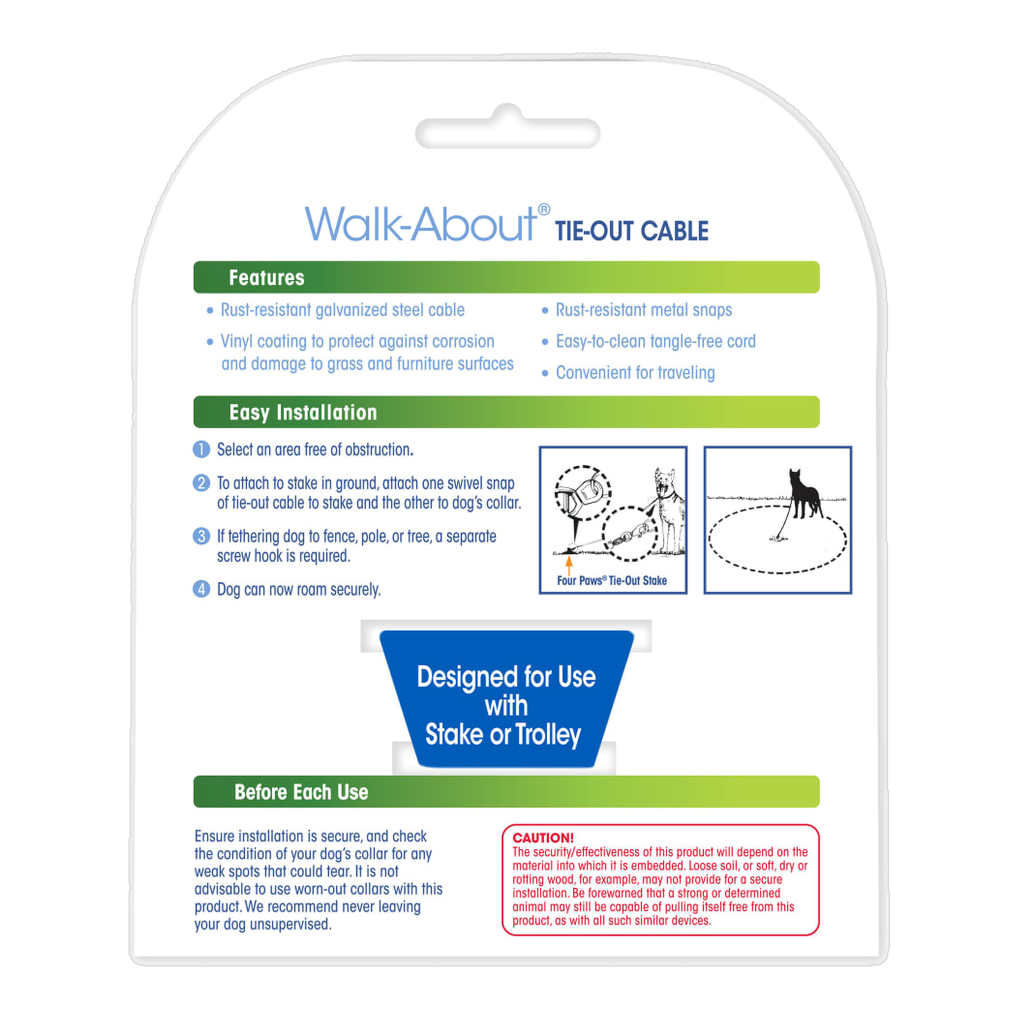 Four Paws Walk-About Medium Weight Dog Tie-Out Cable package back with features and installation steps