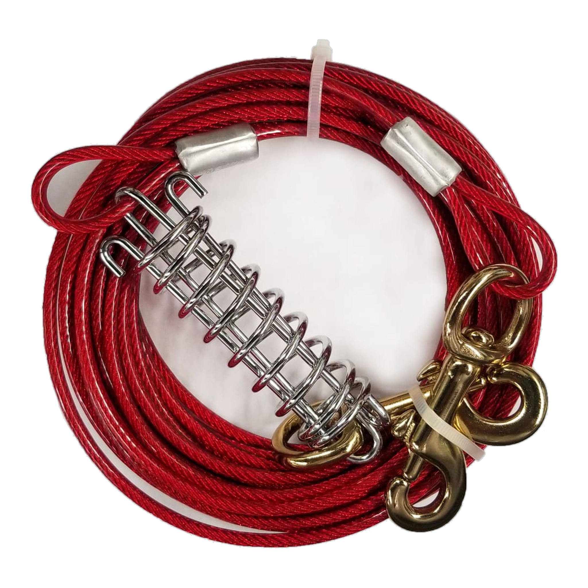 Four Paws Walk-About Medium Weight Dog Tie-Out Cable coiled cable with swivel snaps out of the package