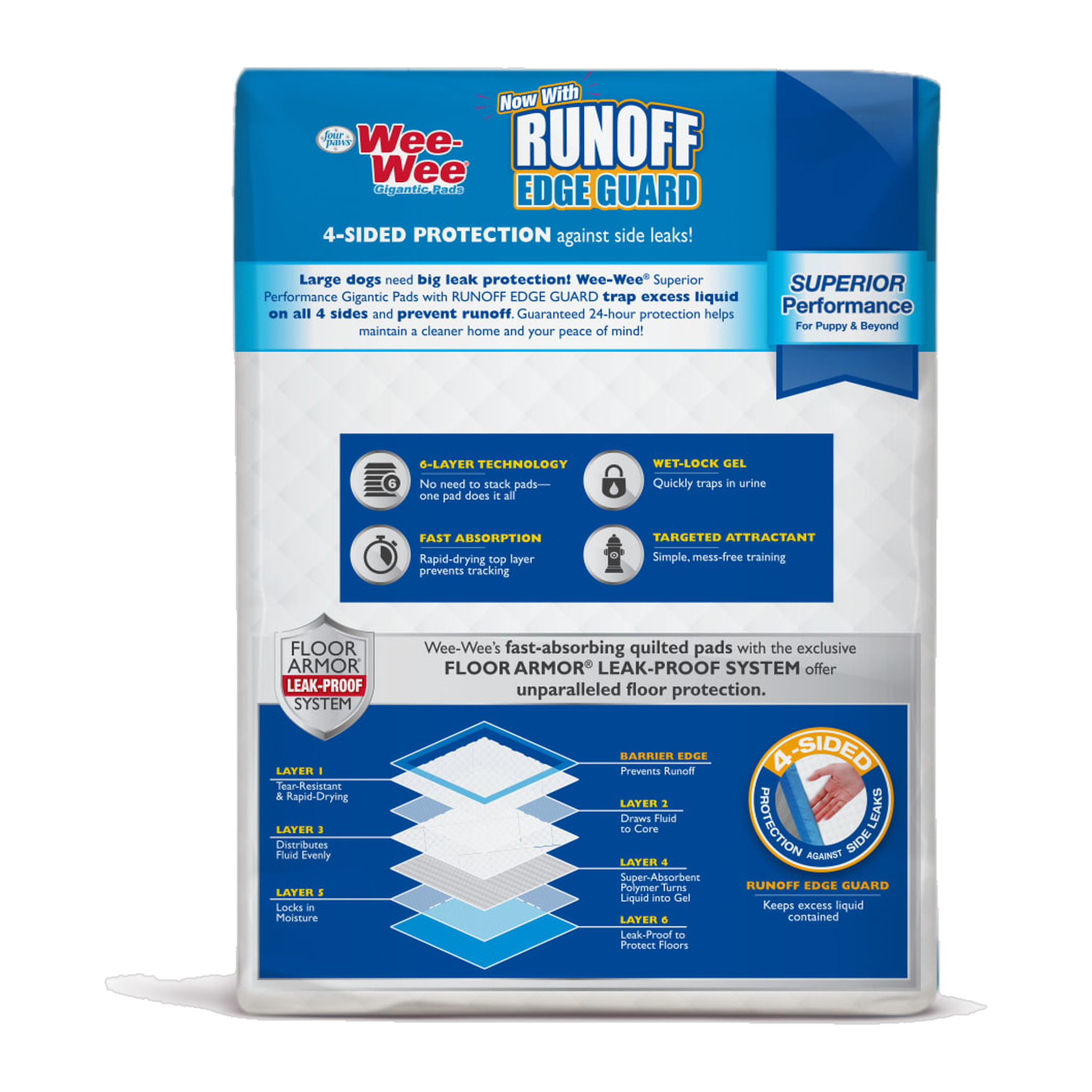 Four Paws Wee-Wee Superior Performance Dog Pee Pads Gigantic Runoff Edge Guard package back