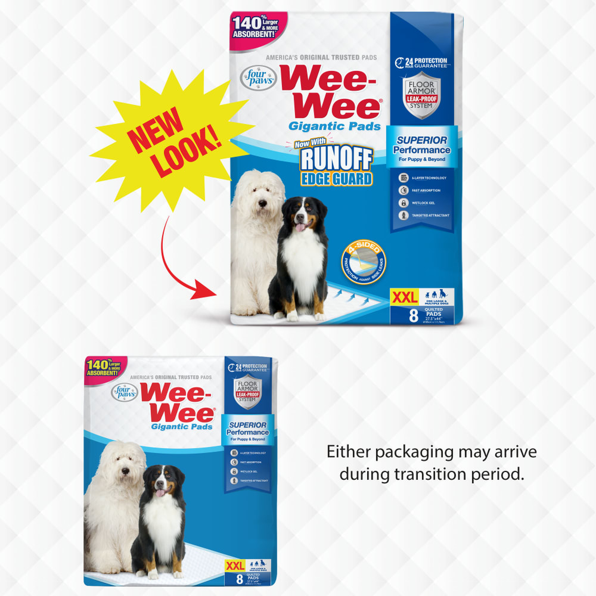 Four Paws Wee-Wee Superior Performance Dog Pee Pads Gigantic new packaging comparison