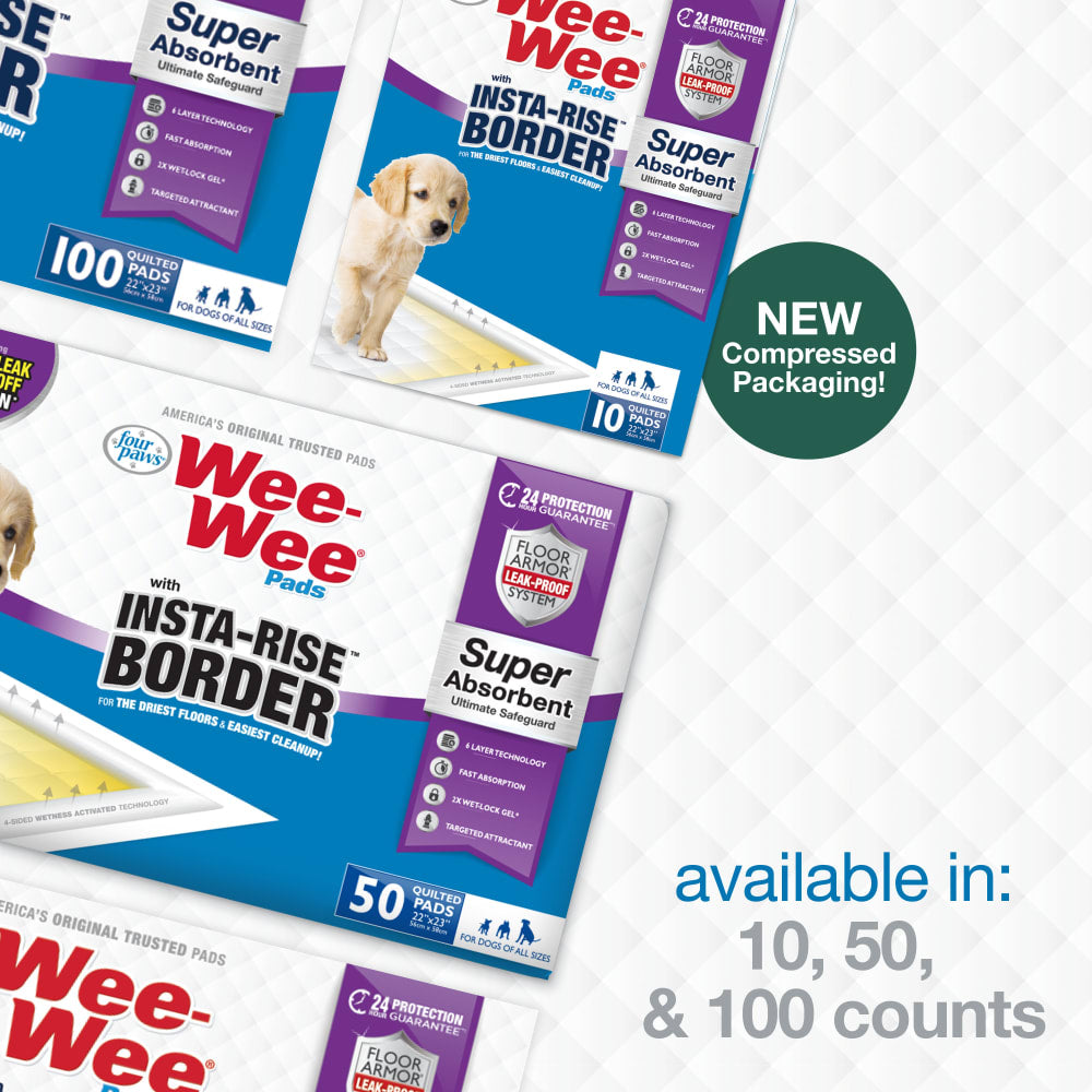Wee-Wee Pads with Insta-Rise Border family shot showing available counts