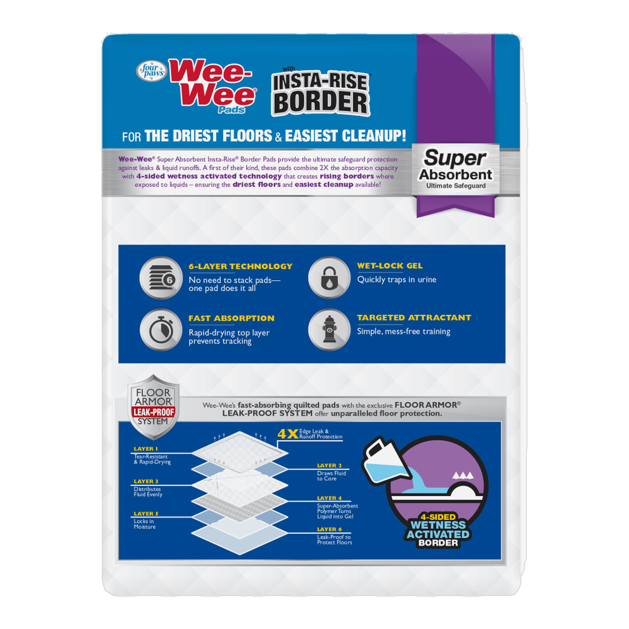 Four Paws Wee-Wee Pads with Insta-Rise Border 10 Count package back with directions