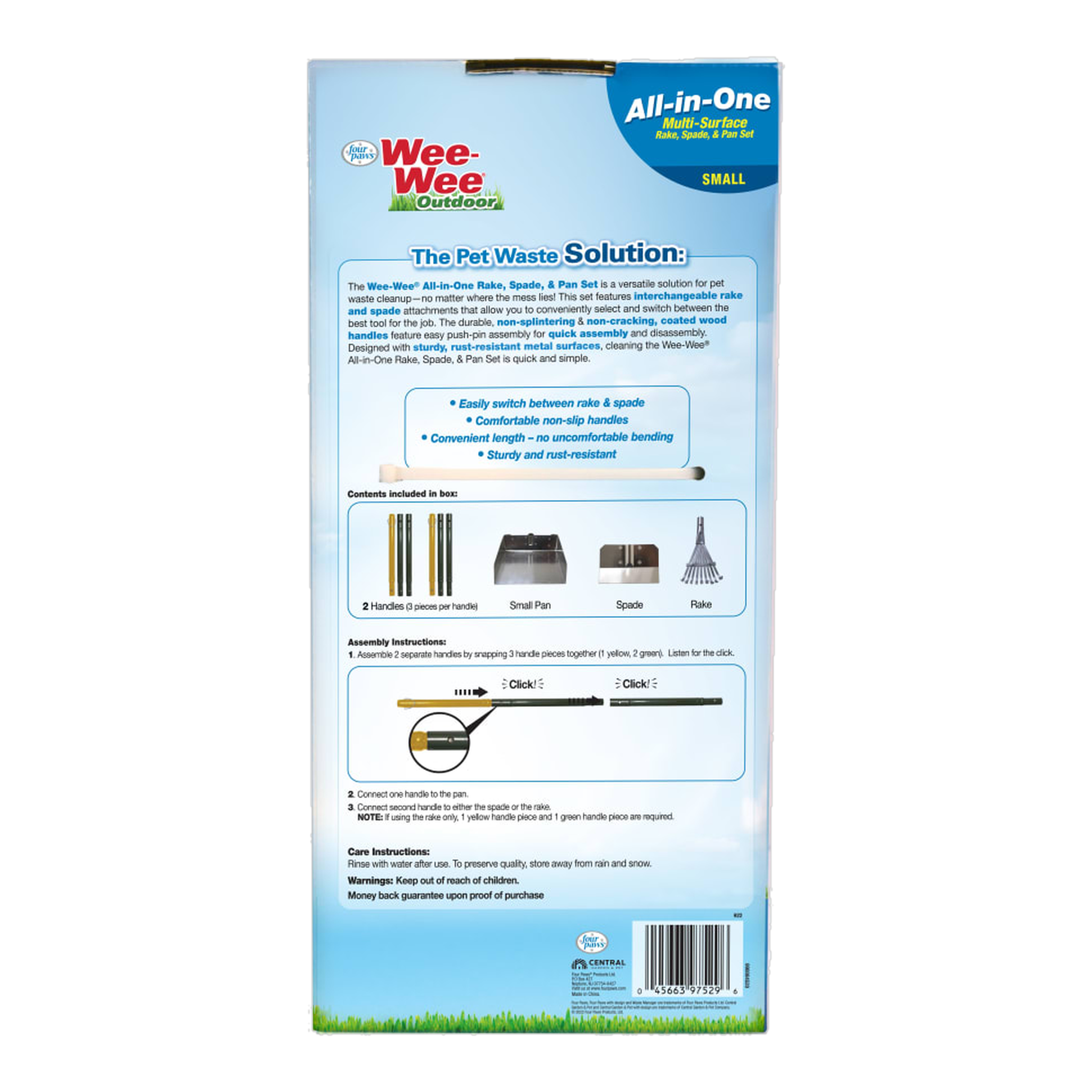 Four Paws Wee-Wee All-in-One Dog Poop Rake, Spade and Pan Set package back with directions