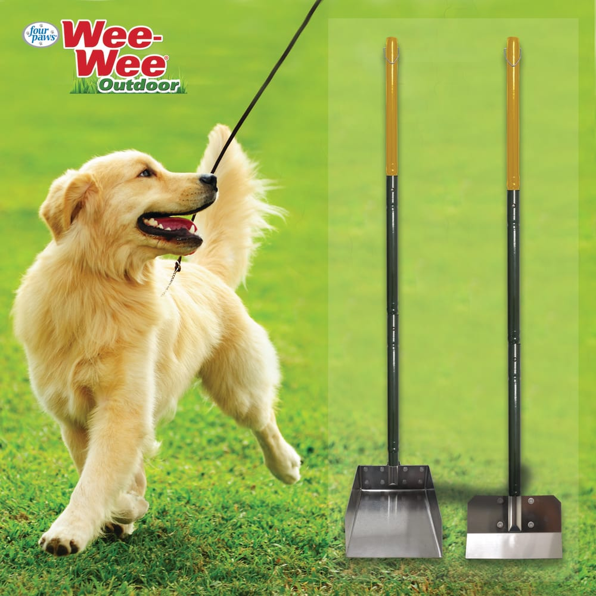 Four Paws Wee-Wee All-in-One Dog Poop Rake, Spade and Pan Set in use outdoors