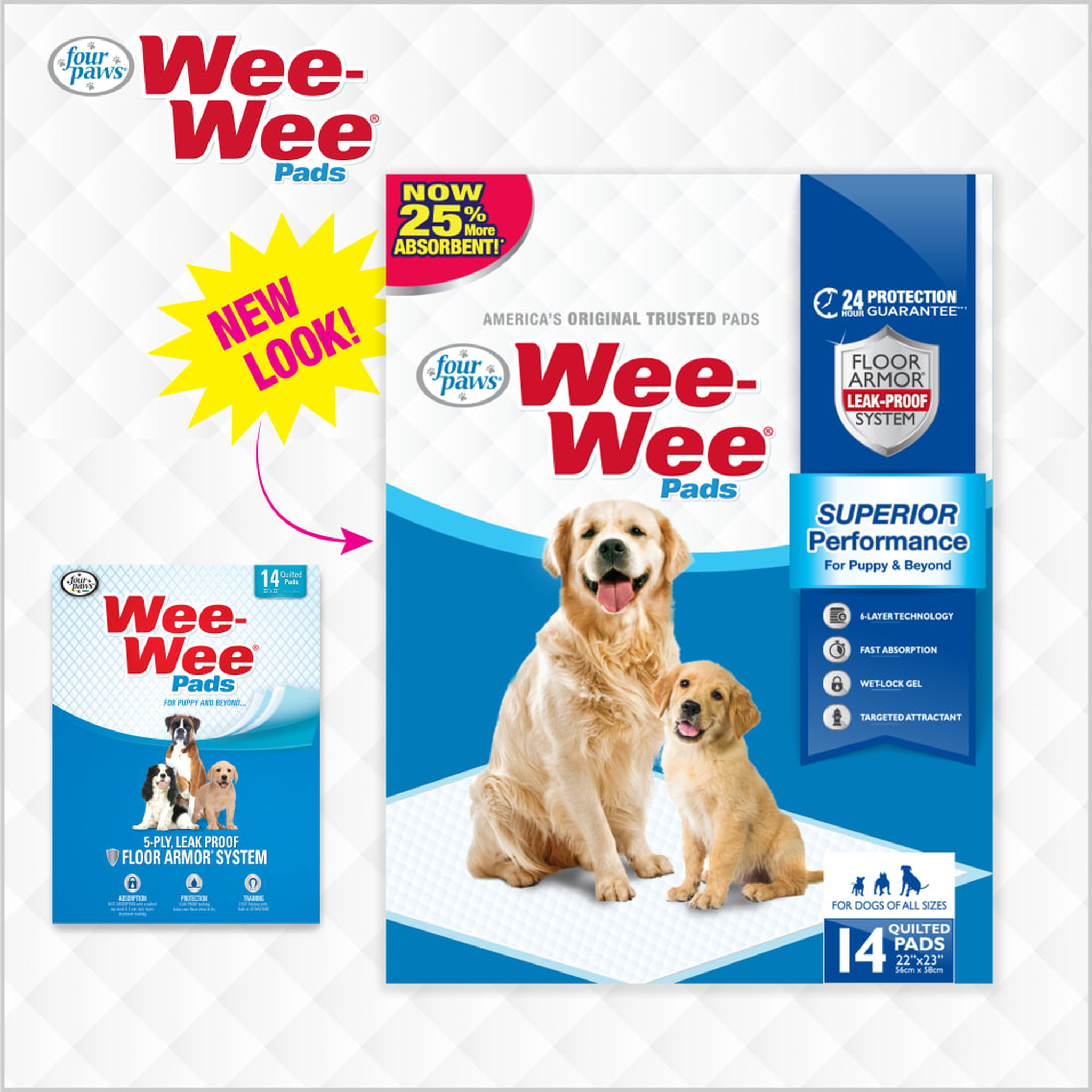 Four Paws Wee-Wee Pads 14 Count new packaging comparison