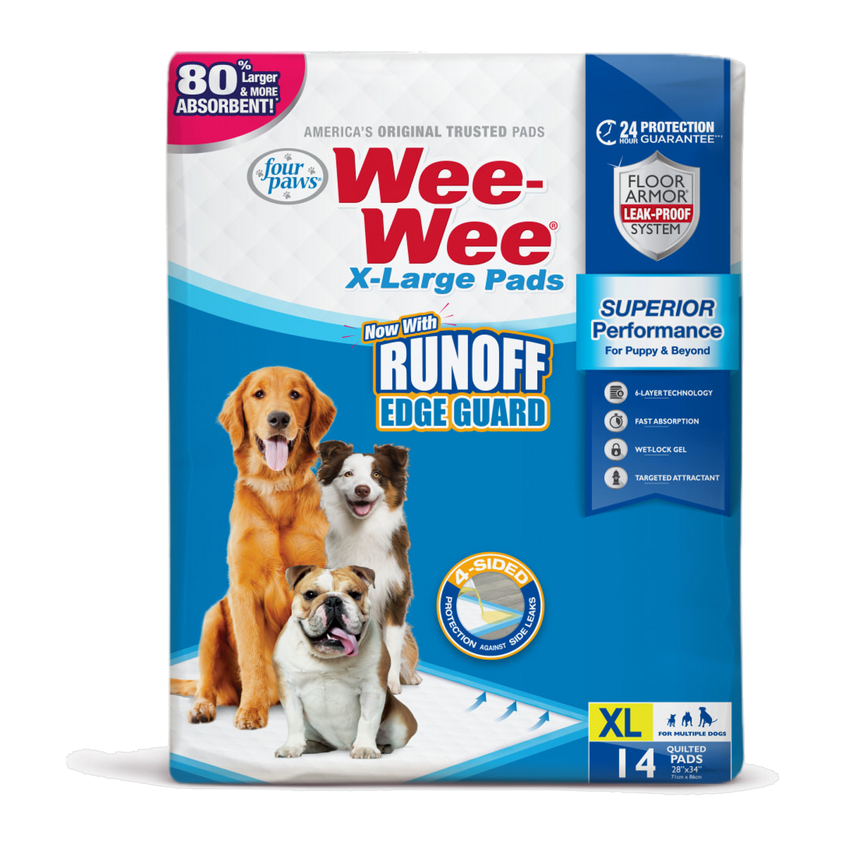 Four Paws Wee-Wee Superior Performance X-Large Dog Pee Pads with Runoff Edge Guard package front