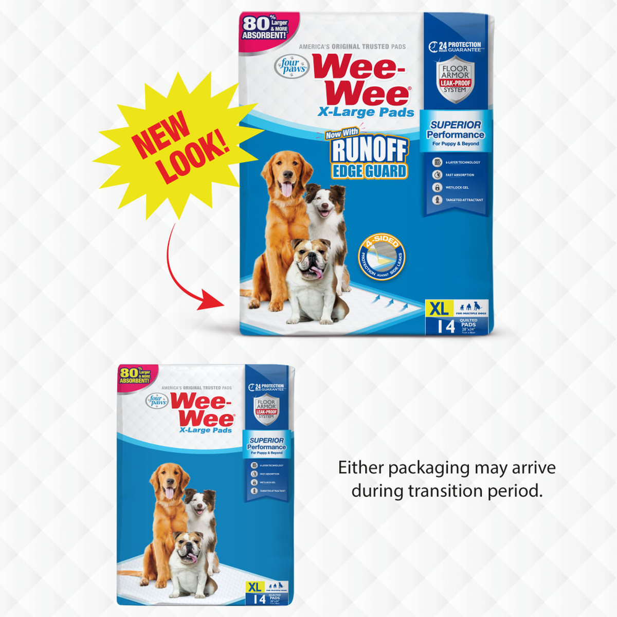 Four Paws Wee-Wee Superior Performance X-Large Dog Pee Pads with Runoff Edge Guard new packaging comparison