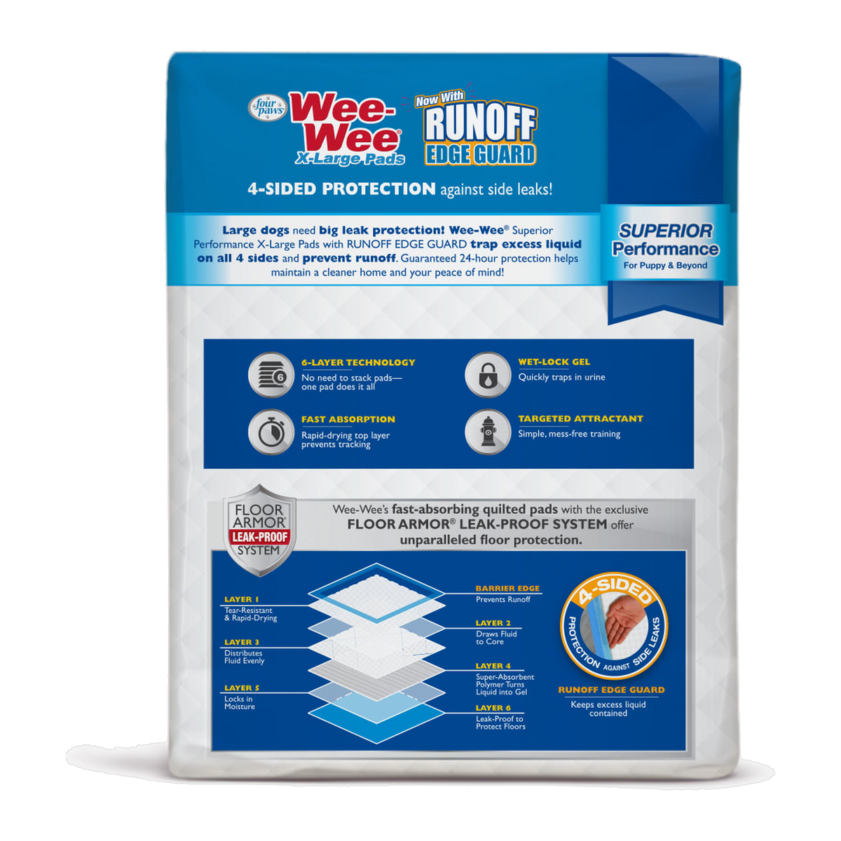 Four Paws Wee-Wee Superior Performance X-Large Dog Pee Pads with Runoff Edge Guard package back with directions