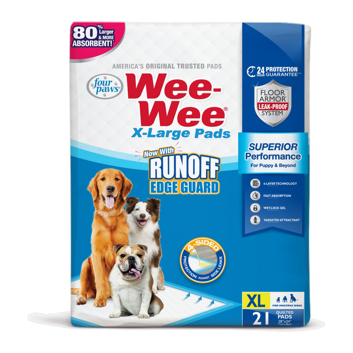 Four Paws Wee-Wee Superior Performance X-Large Dog Pee Pads with Runoff Edge Guard package front