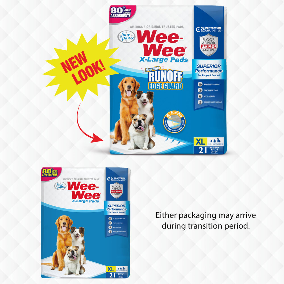 Four Paws Wee-Wee Superior Performance X-Large Dog Pee Pads with Runoff Edge Guard new packaging comparison