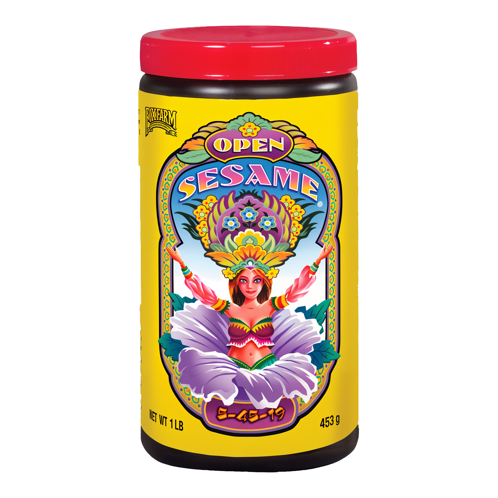 FoxFarm Open Sesame Soluble Fertilizer 5-45-19 1 lb canister with red lid and yellow label, high-phosphorus early flowering bloom booster for soil and hydroponics