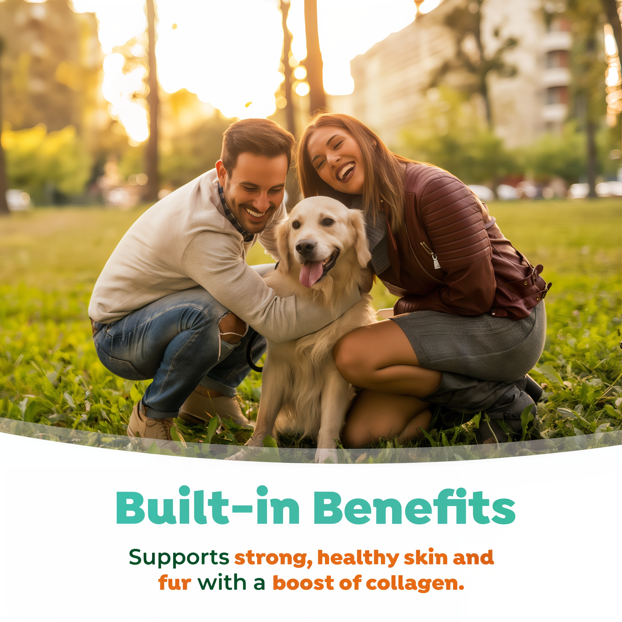Couple with white Labrador Retriever in park, dog's mouth open with tongue out.
