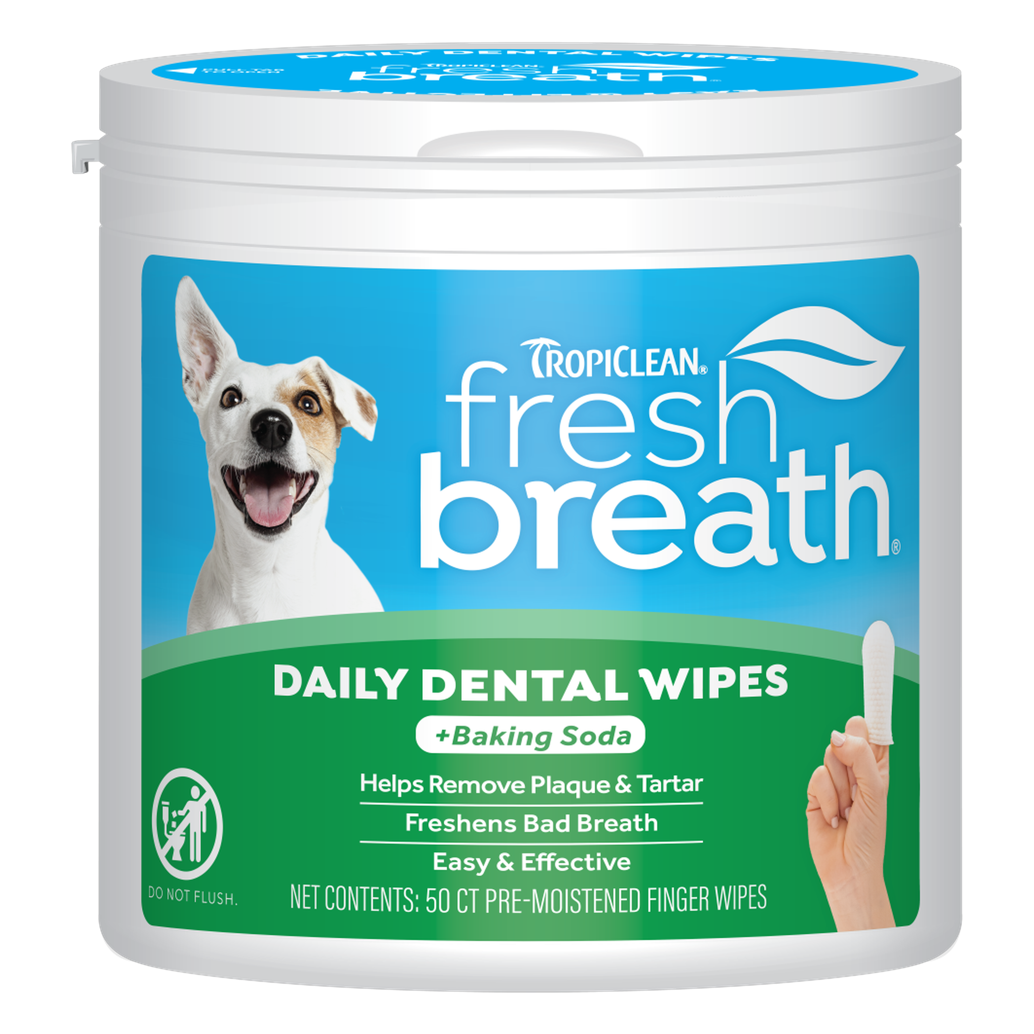 TropiClean Fresh Breath Finger Dental Wipes for Pets, front image of 50 count container