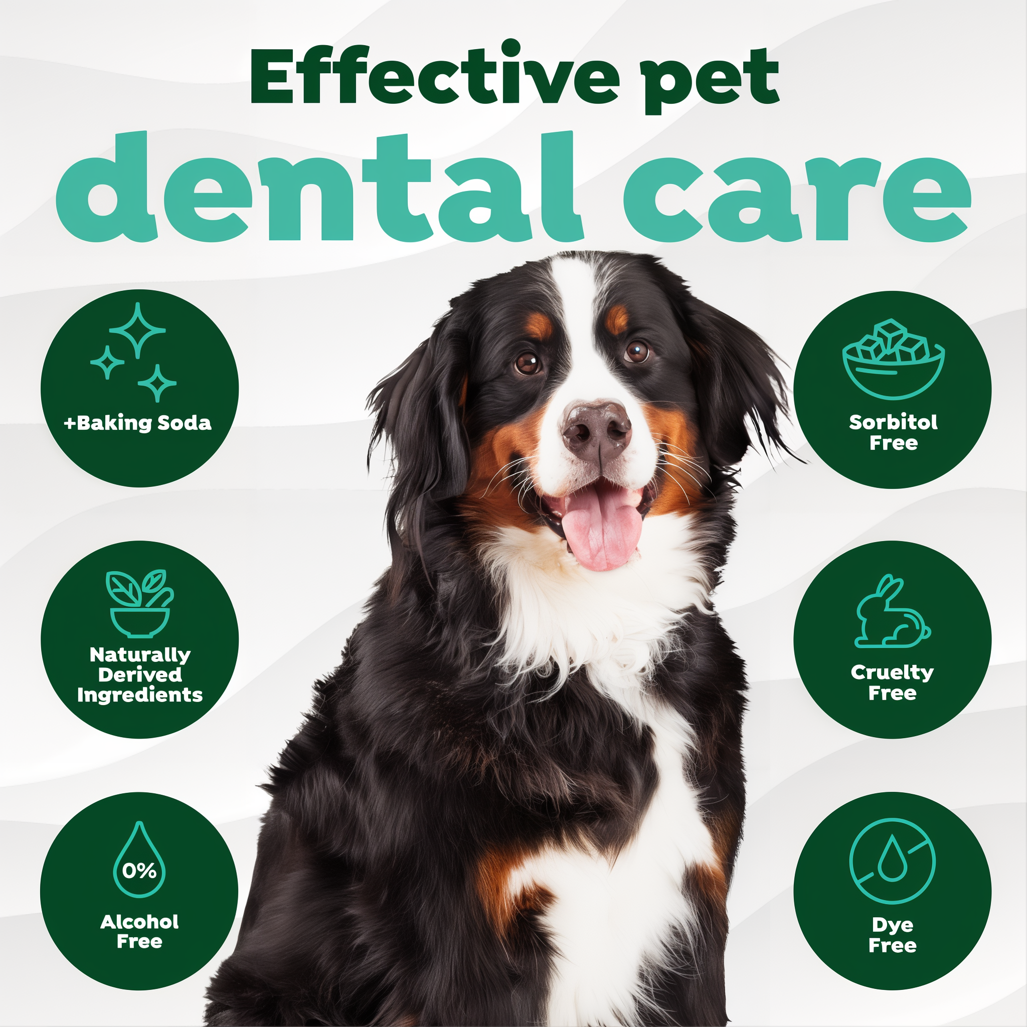 TropiClean Fresh Breath Finger Dental Wipes for Pets. Dog with 'Effective pet dental care' text and icons