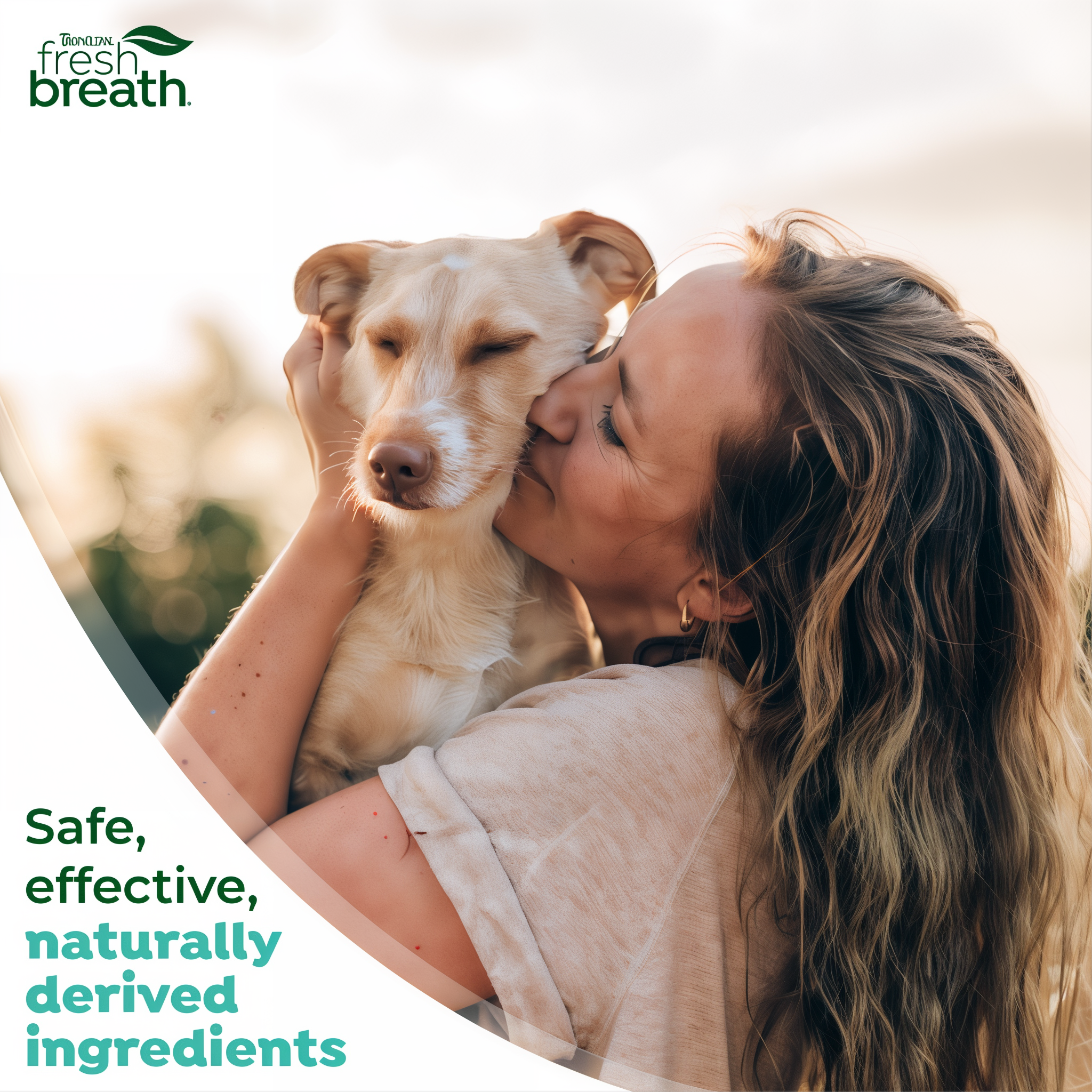 Woman kissing a dog with 'TropiClean Fresh Breath' branding and text about safe, effective, naturally derived ingredients. TropiClean Fresh Breath Finger Dental Wipes for Pets