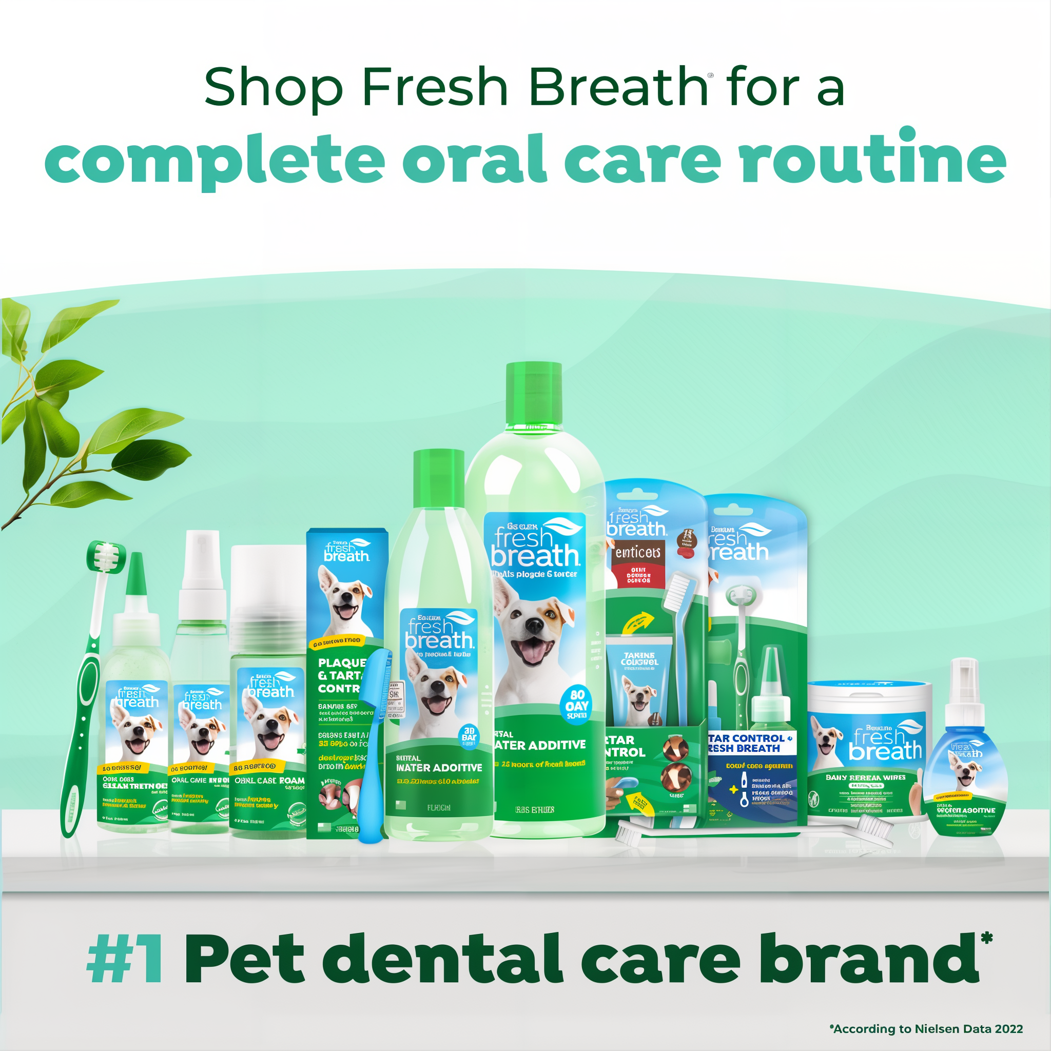 Collection of TropiClean Fresh Breath pet dental care products and text promoting fresh breath for a complete oral care routine.
