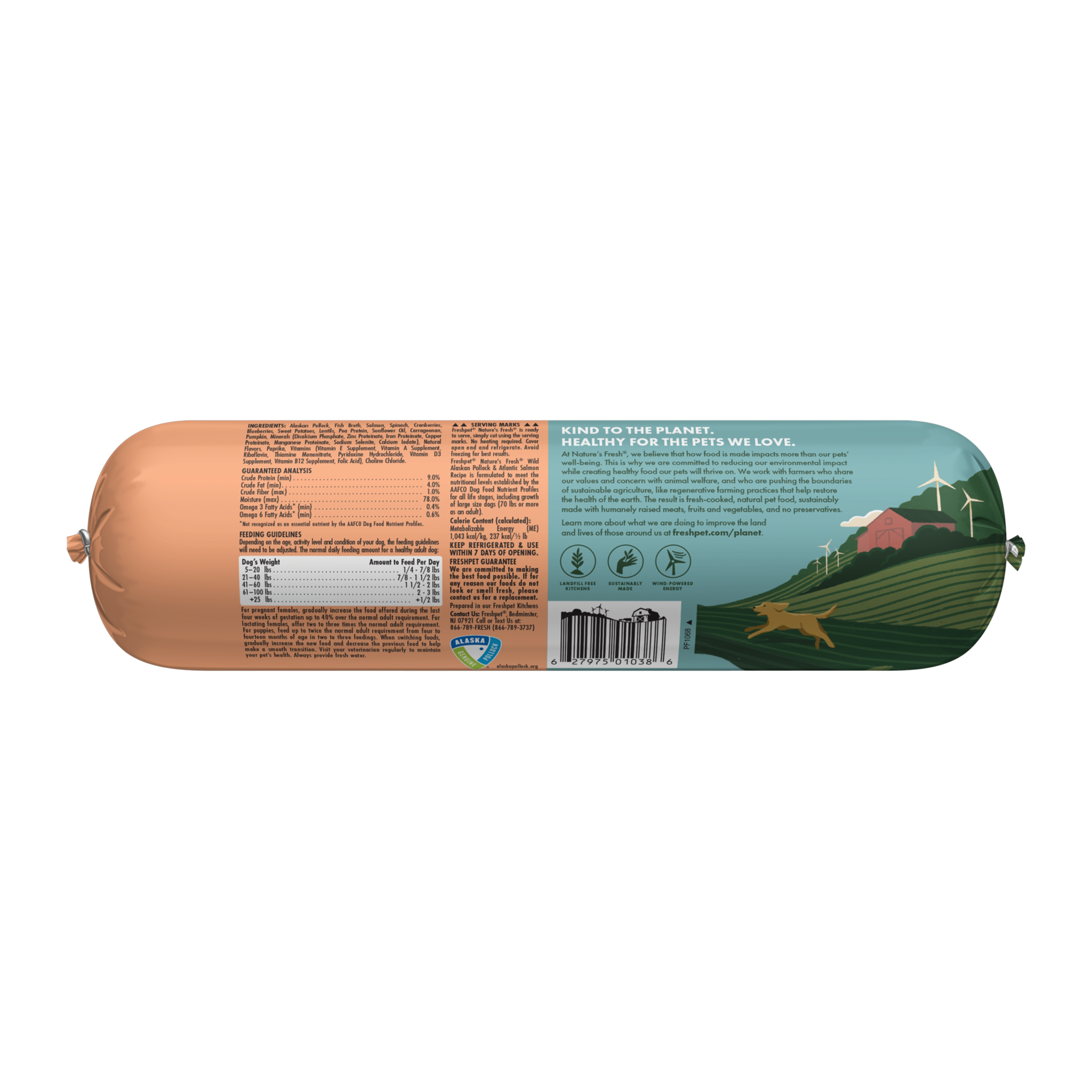 Freshpet Nature's Fresh pollock and salmon recipe roll back label with ingredients and guaranteed analysis
