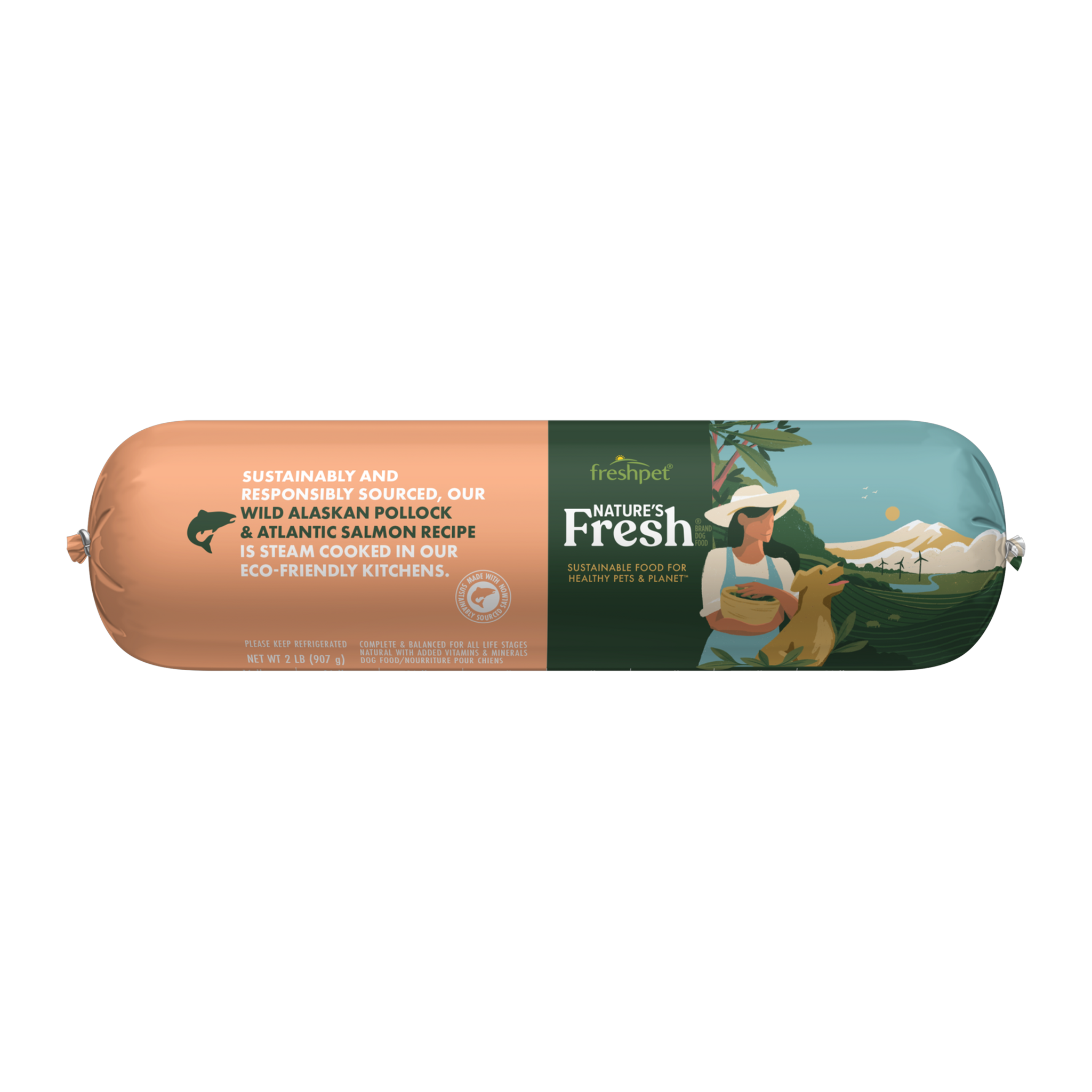 Freshpet Nature's Fresh Grain Free Wild Alaskan Pollock and Atlantic Salmon 2 lb roll front, fresh refrigerated dog food