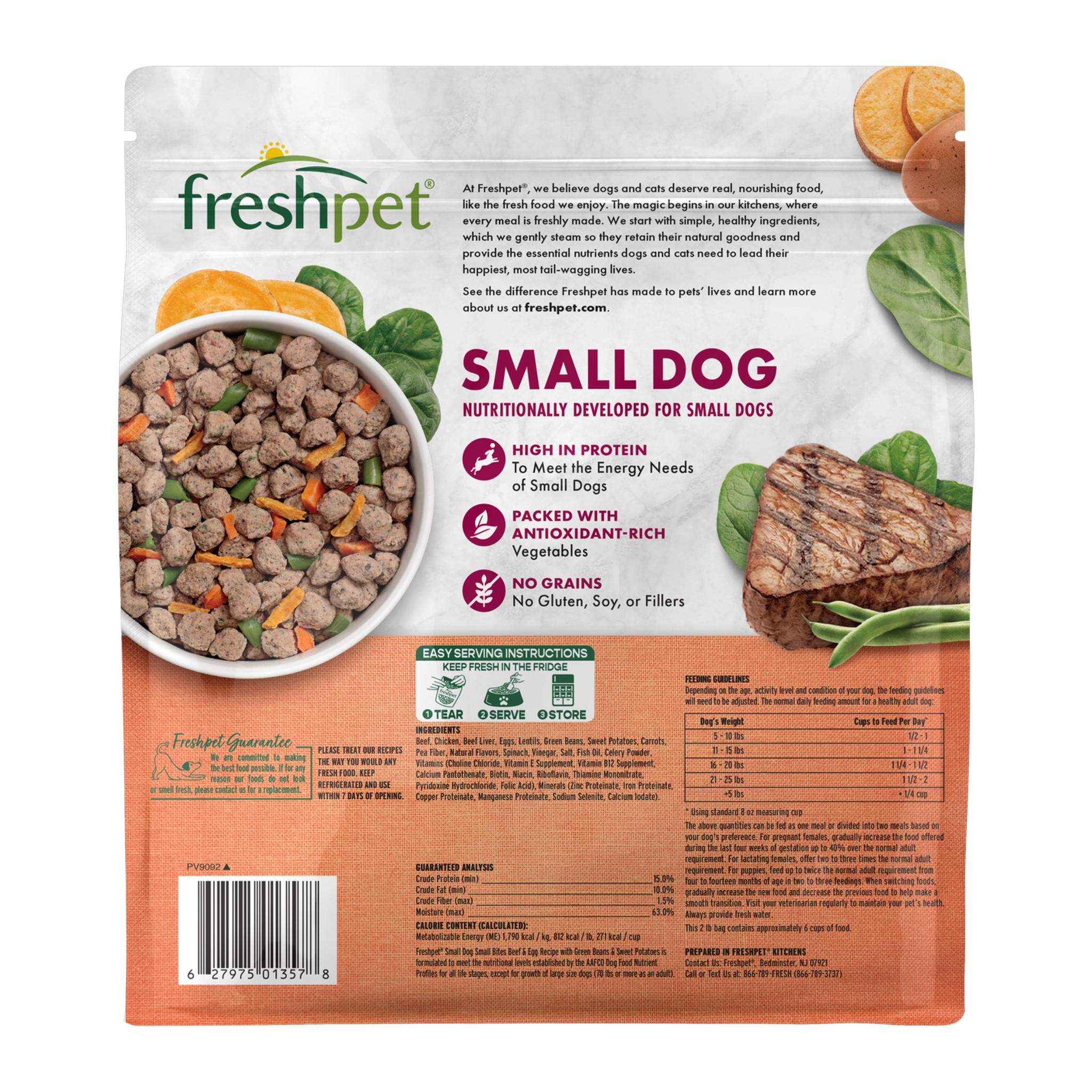 Freshpet Small Dog Beef and Egg recipe back of bag with benefits, ingredients, guaranteed analysis and feeding chart