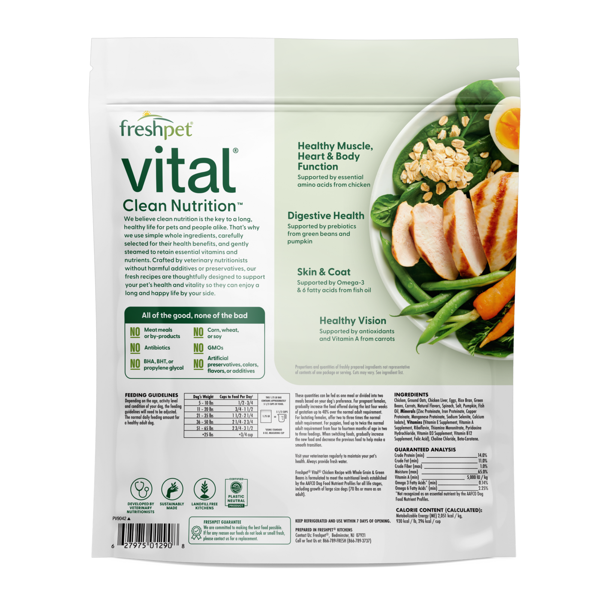 Freshpet Vital Chicken with Whole Grains and Green Beans back of bag with benefits, ingredients and guaranteed analysis